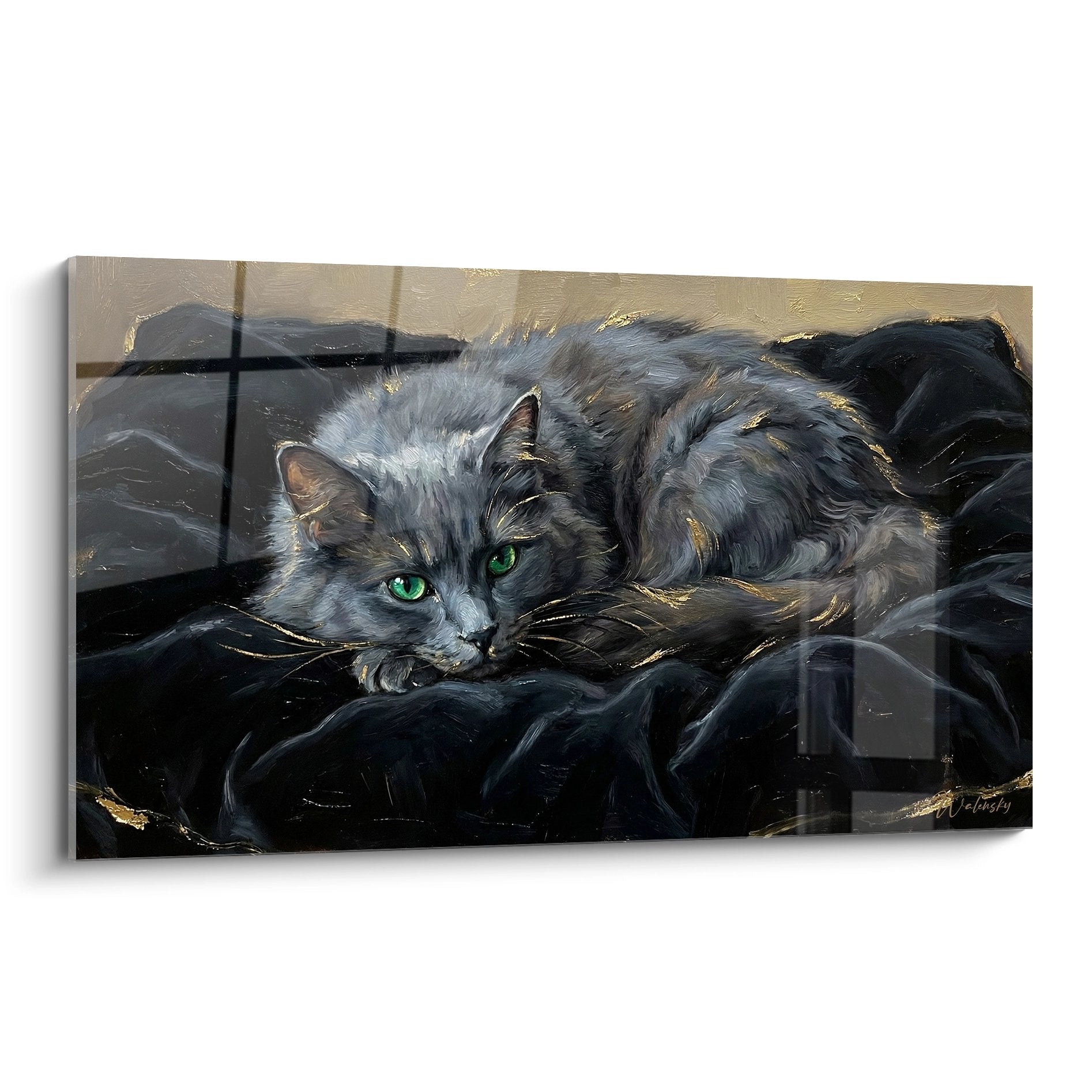 Gemälde Nebelung Katze grau mit grünen Augen auf dunklem Stoff liegend, dekoratives Katzen-Wandkunst