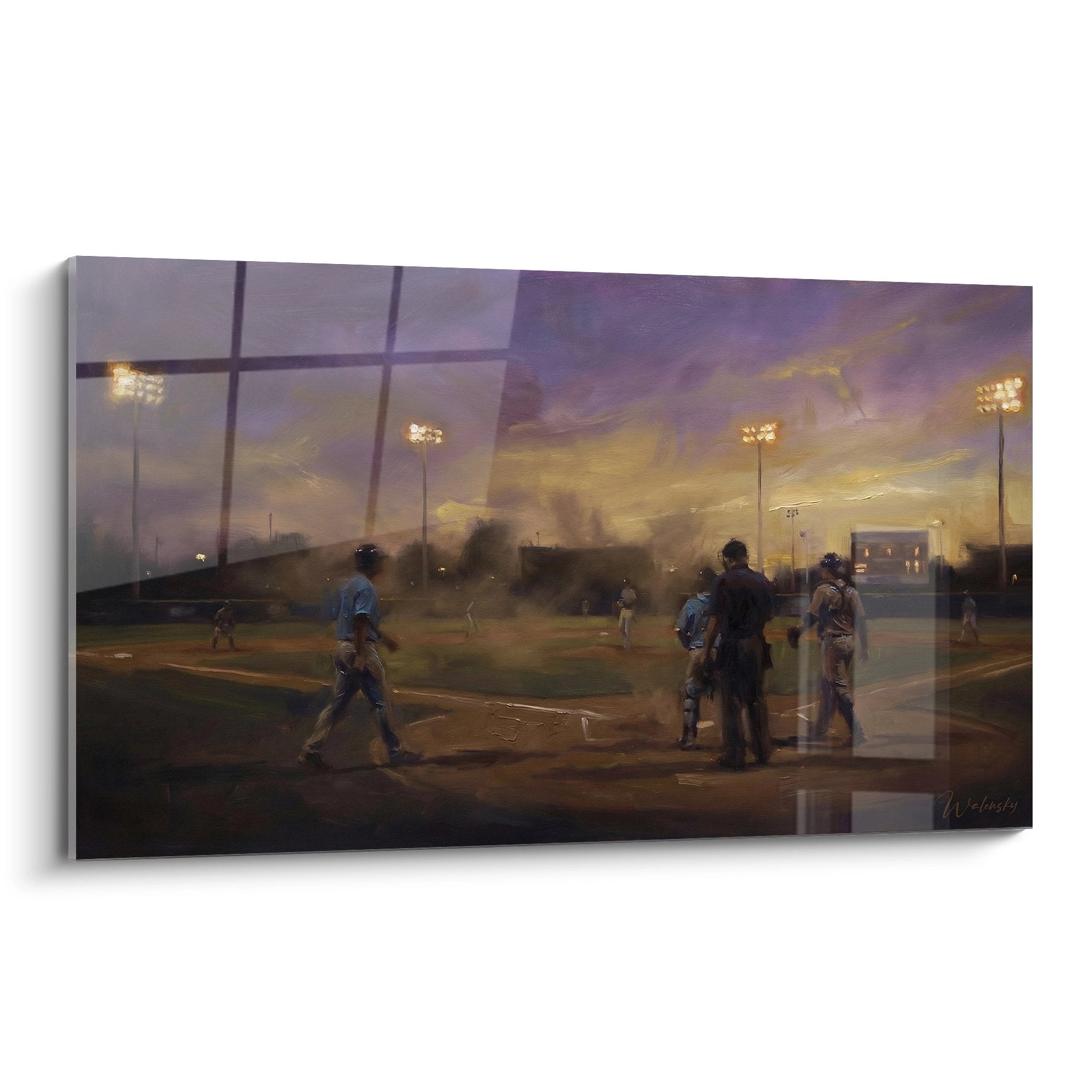 Tableau baseball nocturne avec joueurs sur terrain illuminé par projecteurs, ciel crépusculaire violet et orange