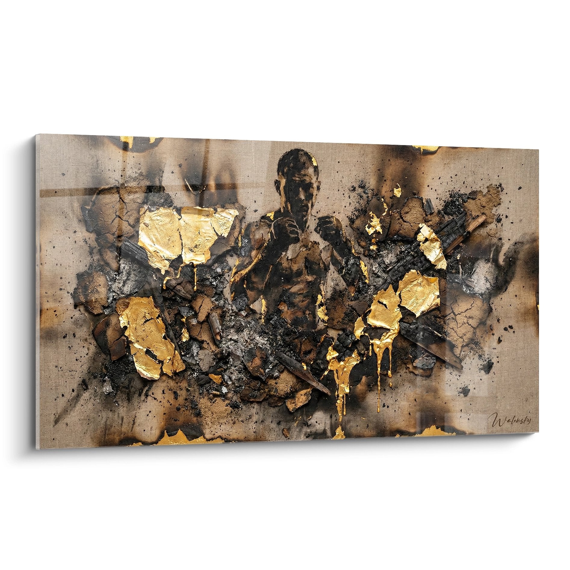 Tableau MMA art contemporain avec elements dores et texture explosive representant un combat