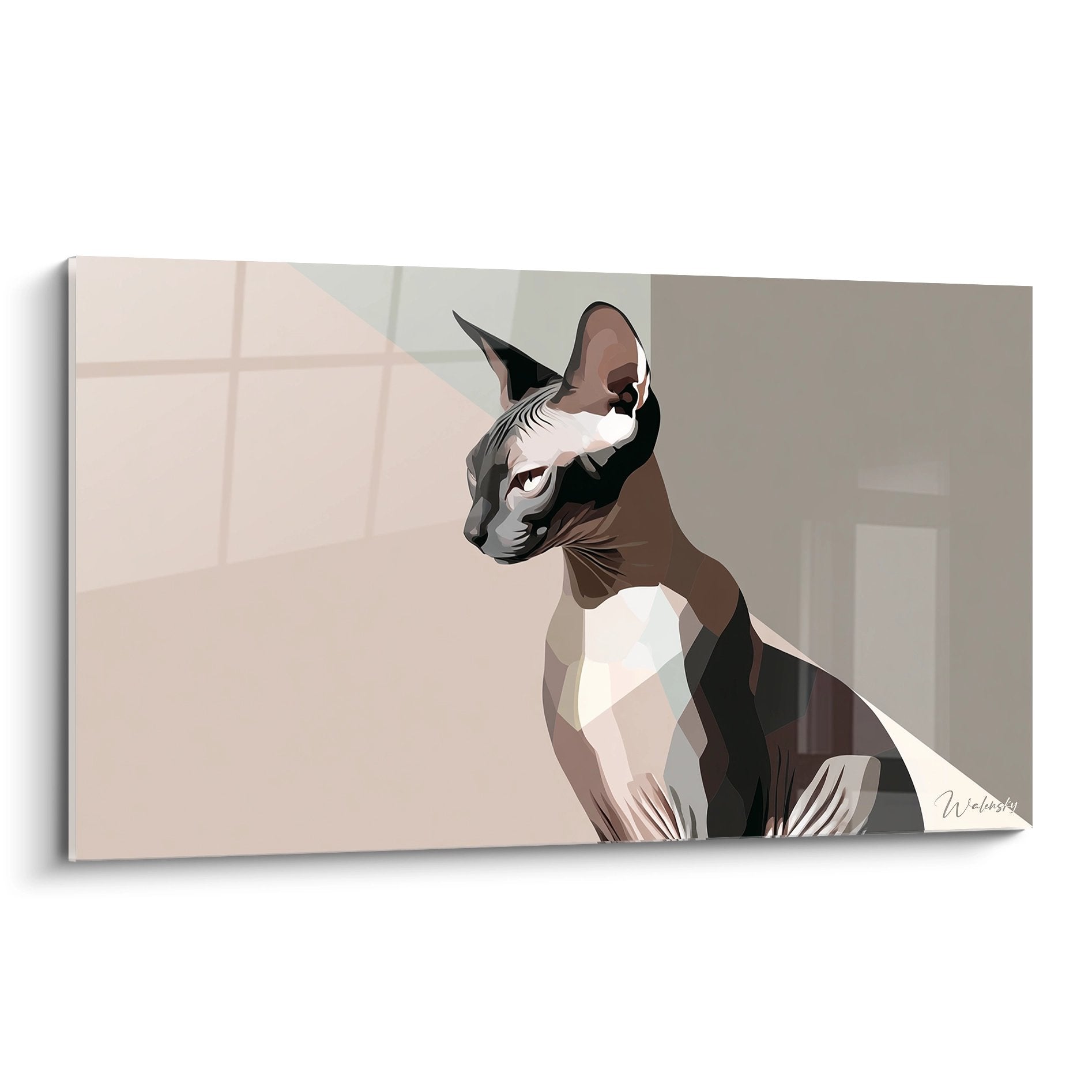 Quadro moderno gatto Sphynx stile geometrico toni beige e rosa, ritratto artistico contemporaneo decorazione