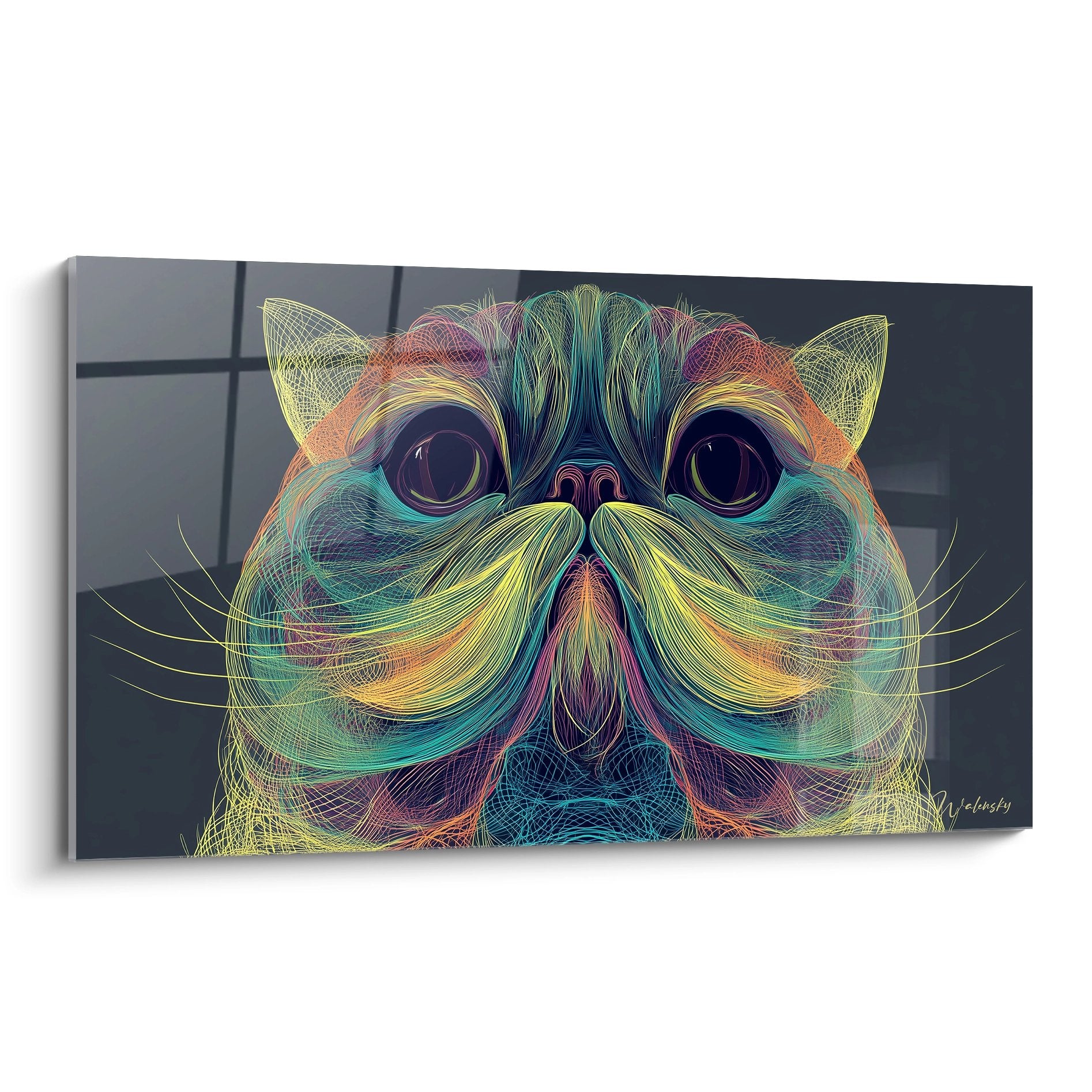 Digitales Kunstwerk Katze Exotic Shorthair in Regenbogenfarben Wireframe-Stil auf modernem dunklem Hintergrund