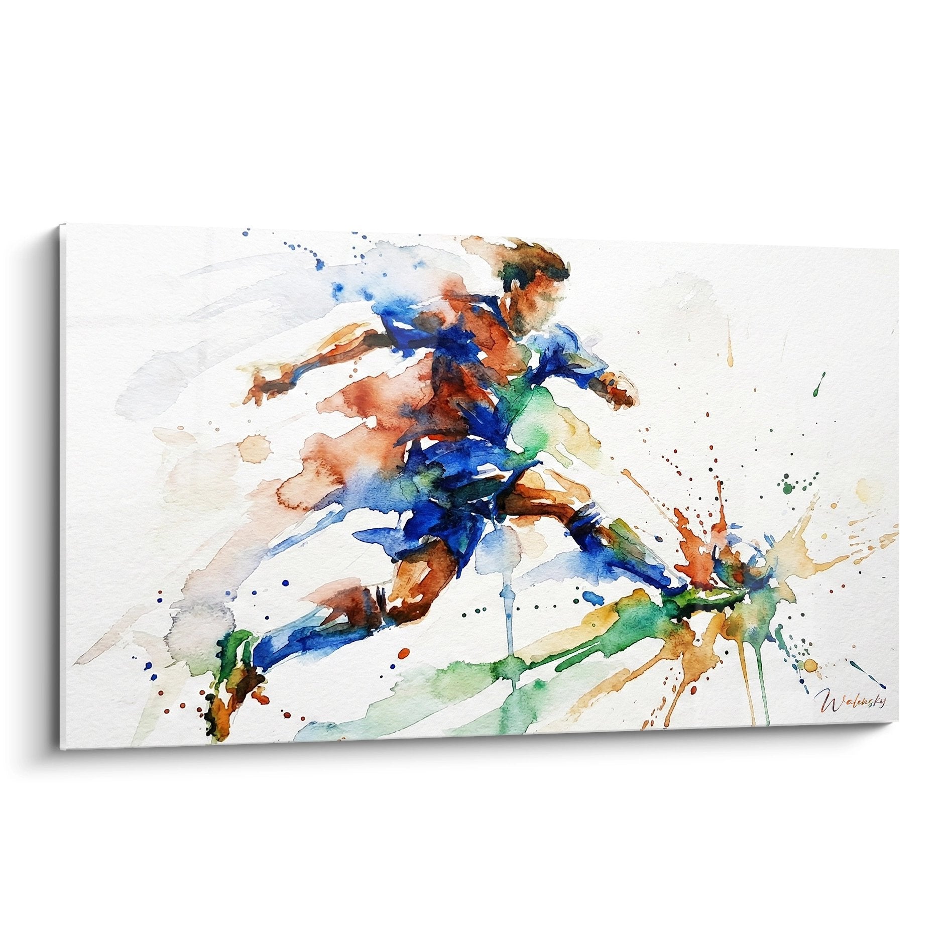 Tableau football aquarelle moderne montrant un joueur en action avec eclats de couleurs bleu orange