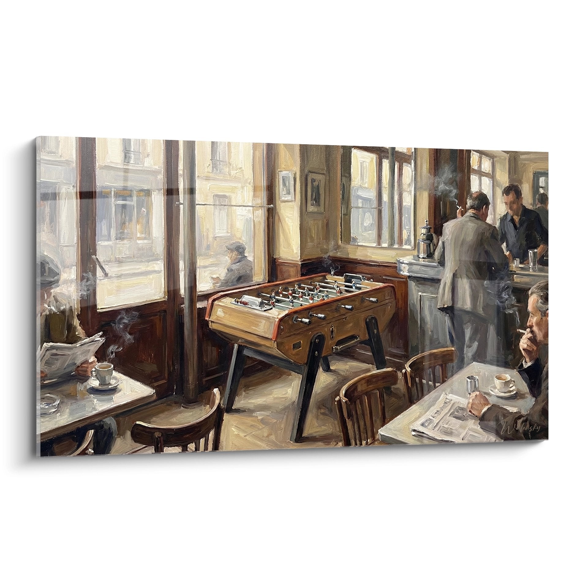 Tableau peinture cafe vintage avec babyfoot en bois, atmosphere bistrot parisien chaleureux