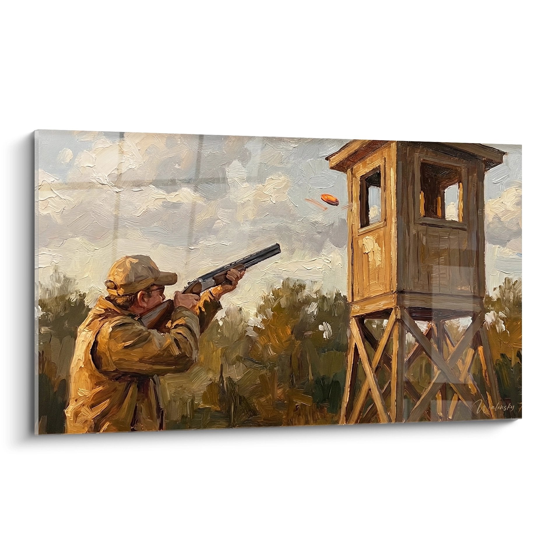 Quadro ball-trap che mostra un cacciatore che spara verso una torre di lancio in un paesaggio rurale autunnale