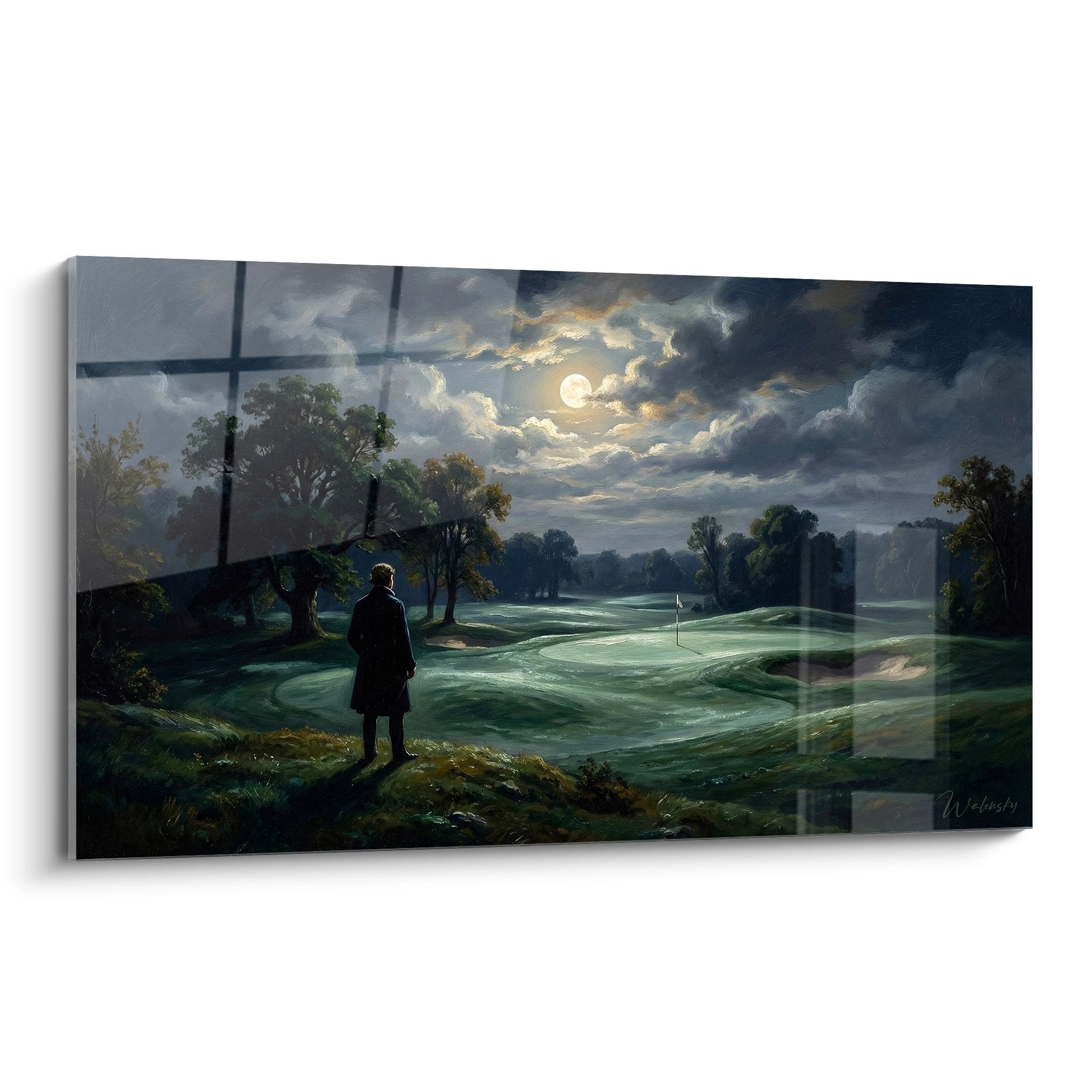 Tableau golf nocturne avec golfeur contemplant parcours sous pleine lune, arbres et green vallonné