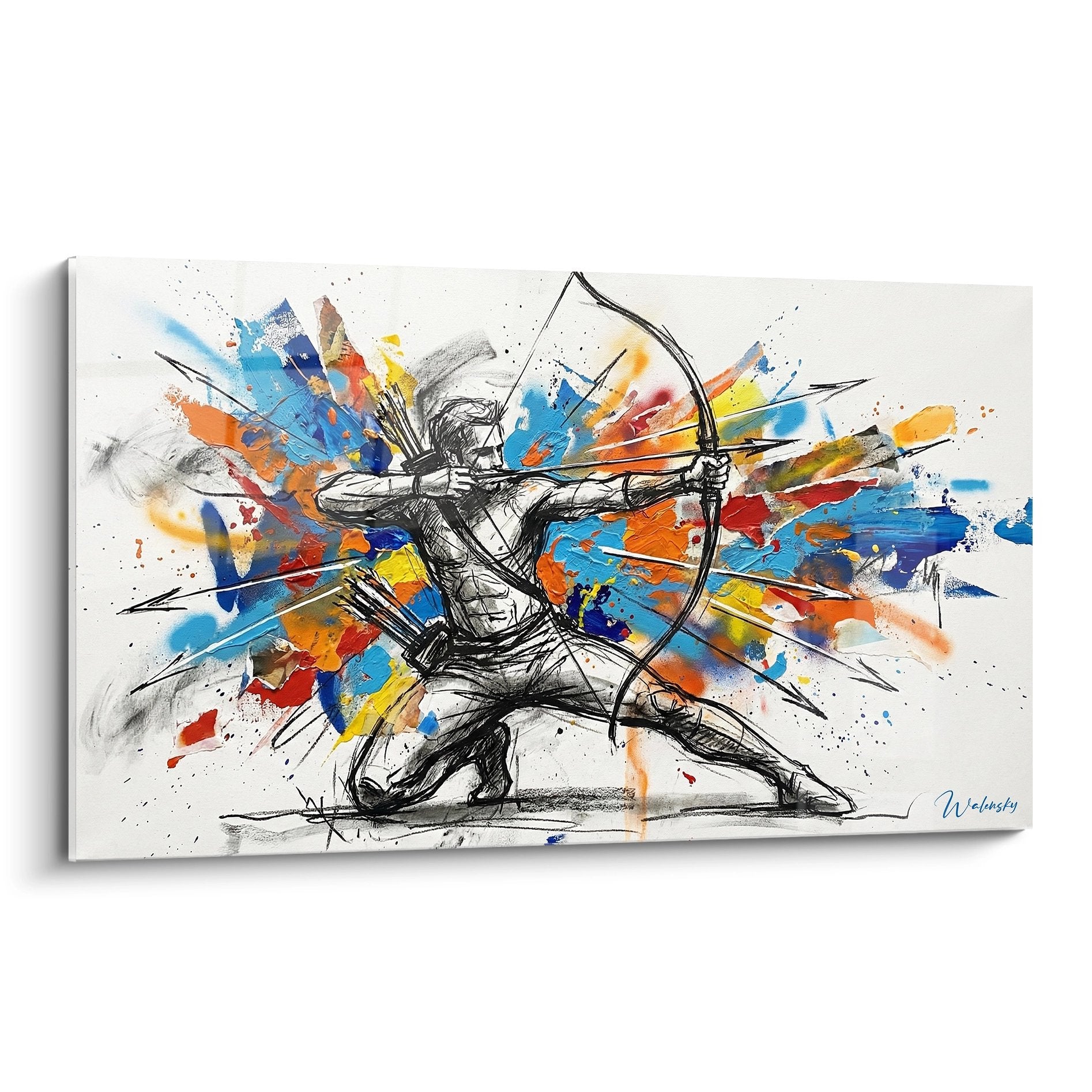Tableau moderne d'archer en action avec explosion de couleurs vives, art du tir à l'arc contemporain sur toile