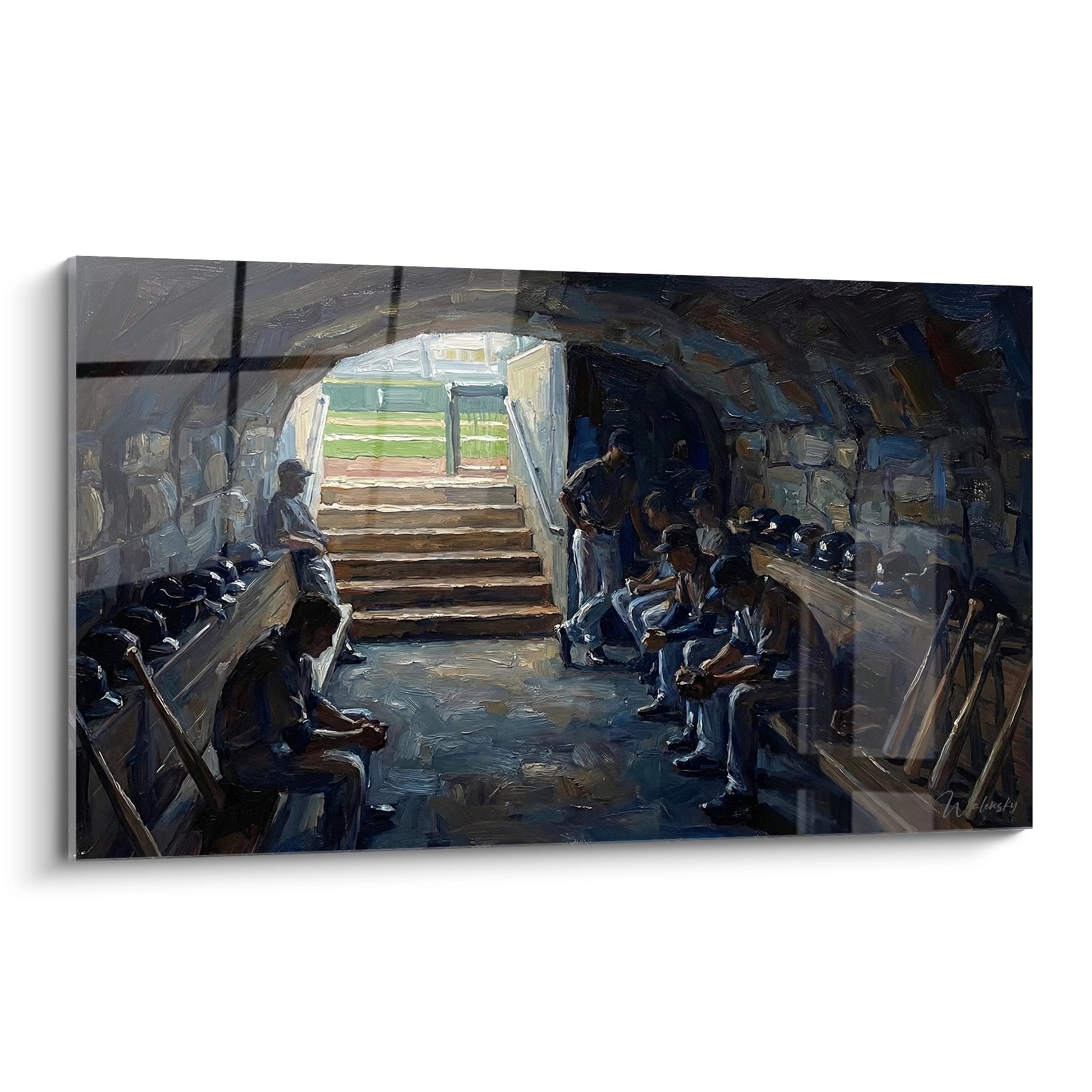 Tableau peinture vestiaire baseball joueurs uniformes bleus bancs bois escalier lumiere naturelle