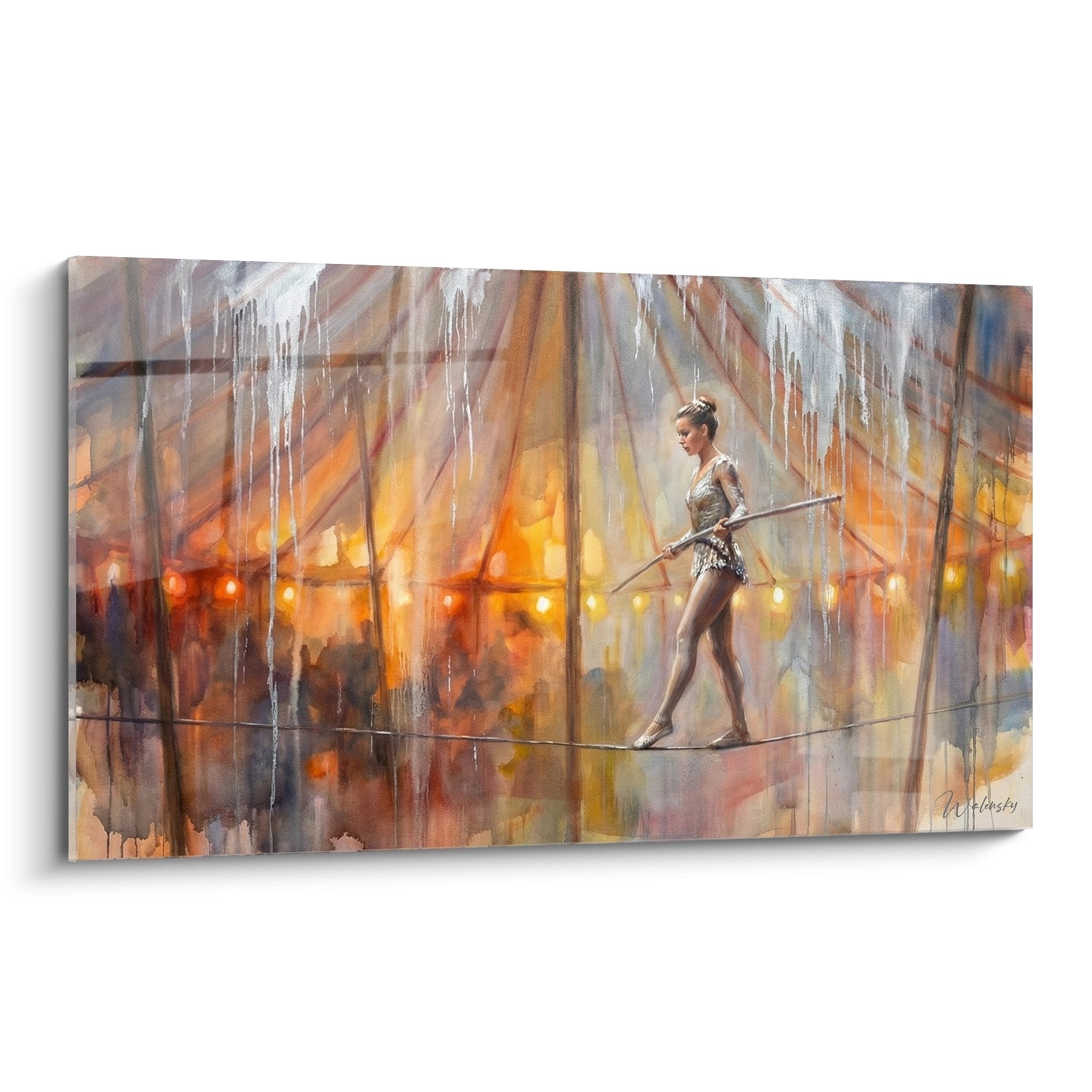 Tableau funambule sur fil sous chapiteau de cirque aux couleurs chaudes oranges et dorées avec effets de peinture