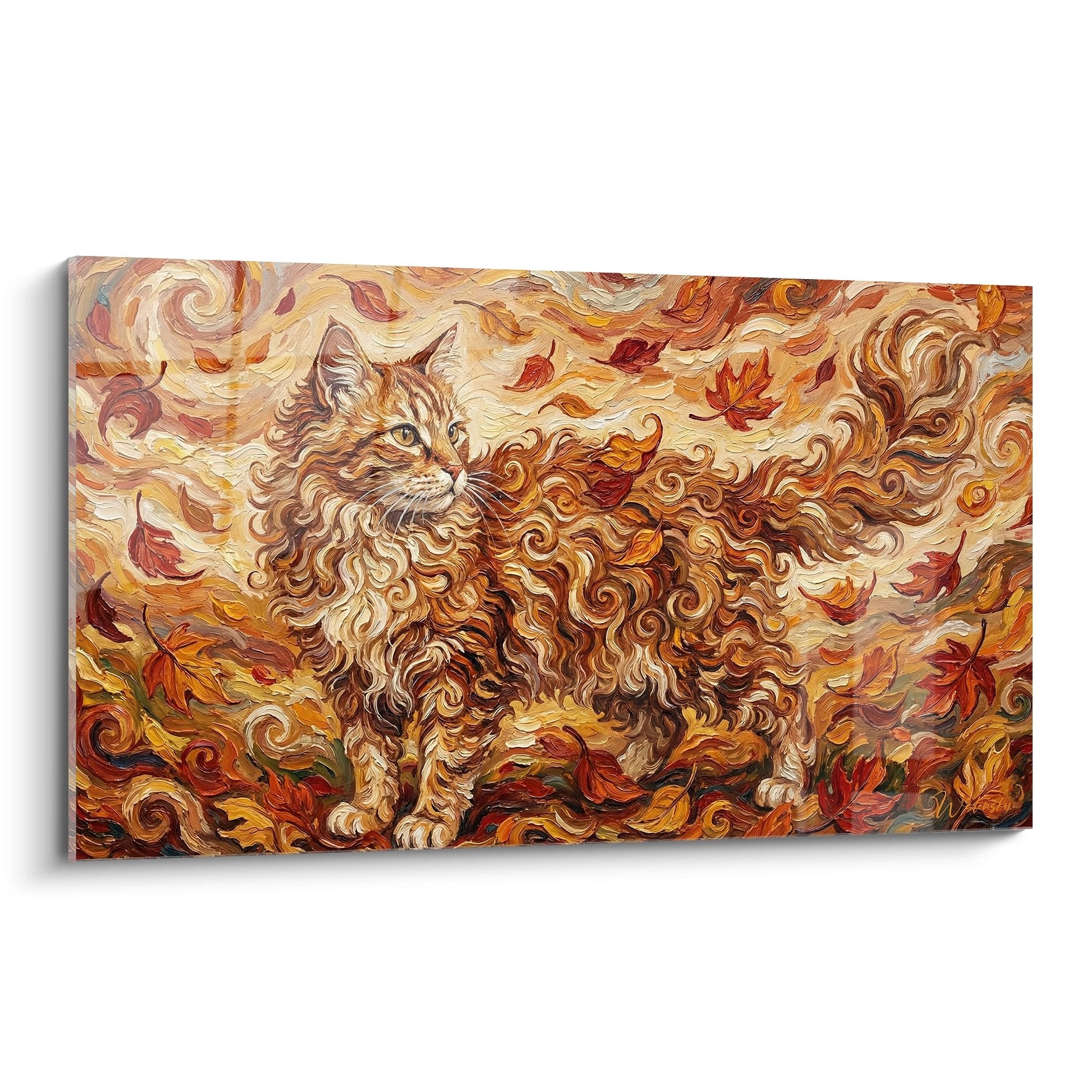 Quadro artistico gatto Laperm con riccioli dorati in turbine autunnale tonalità calde stile impressionista
