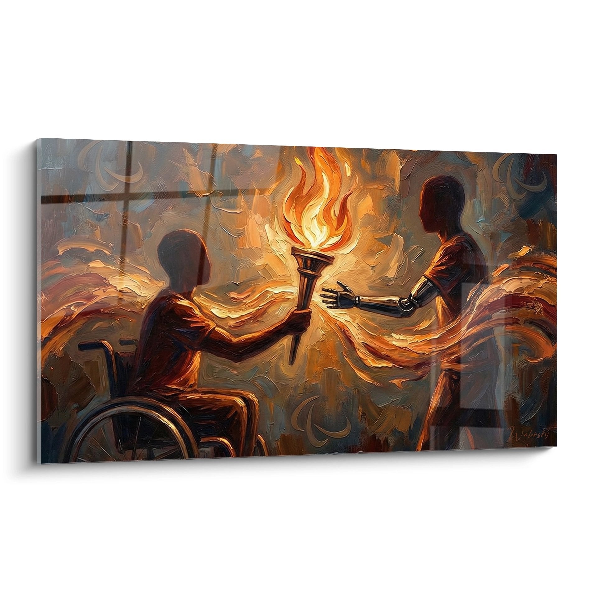 Tableau artistique montrant transmission flamme paralympique entre deux athletes fauteuil roulant inclusion sport