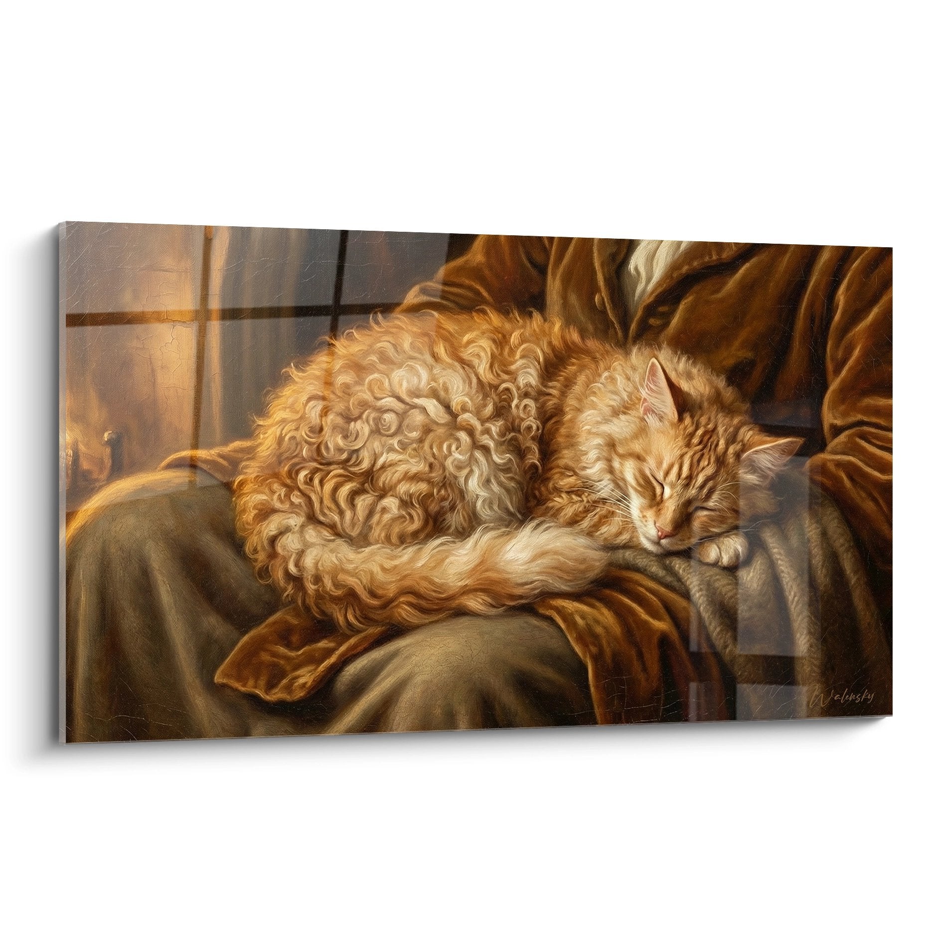 Quadro artistico gatto Laperm rosso con ricci dorati addormentato su tessuti caldi luce naturale