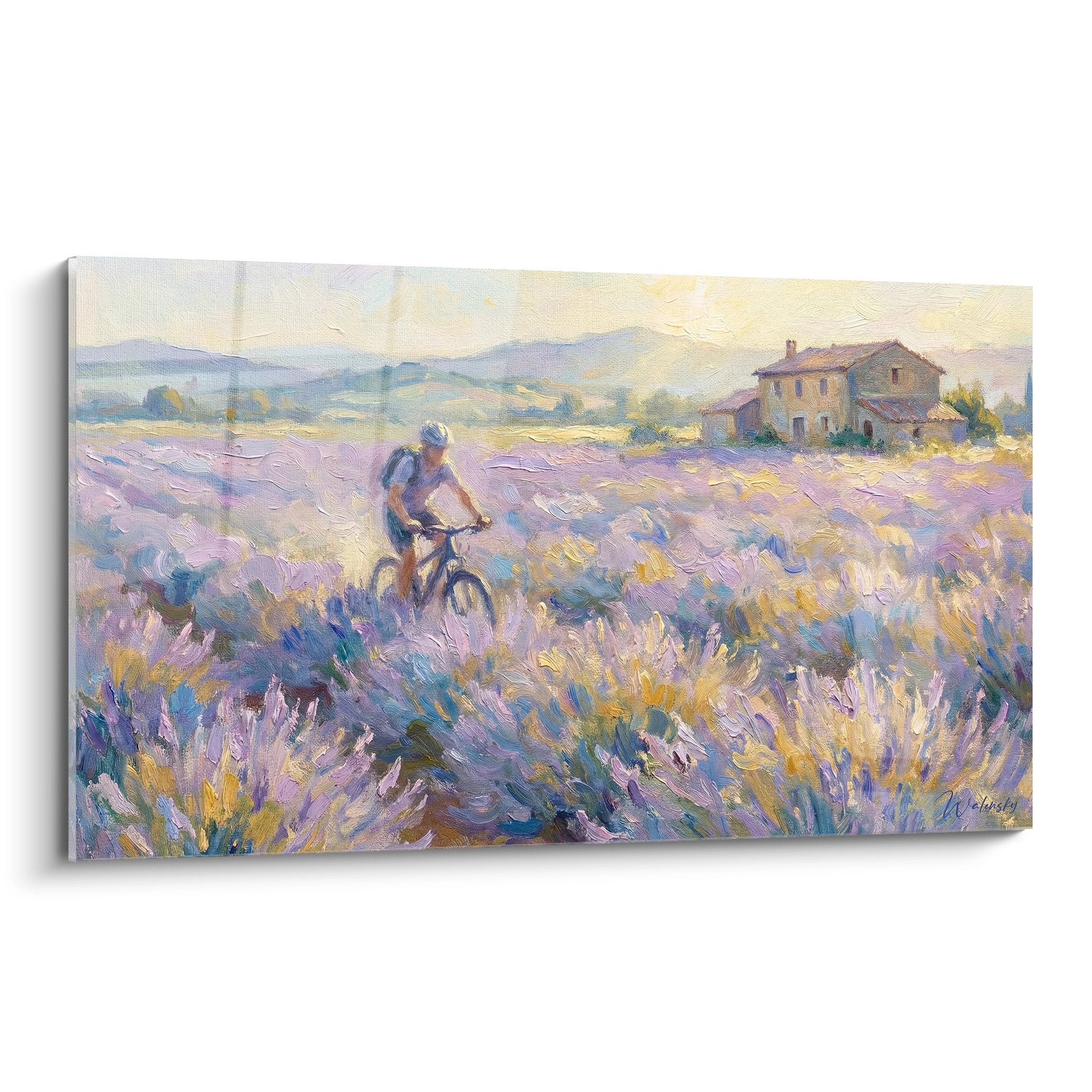 Tableau VTT dans champ de lavande violet avec cycliste et mas provençal, style impressionniste