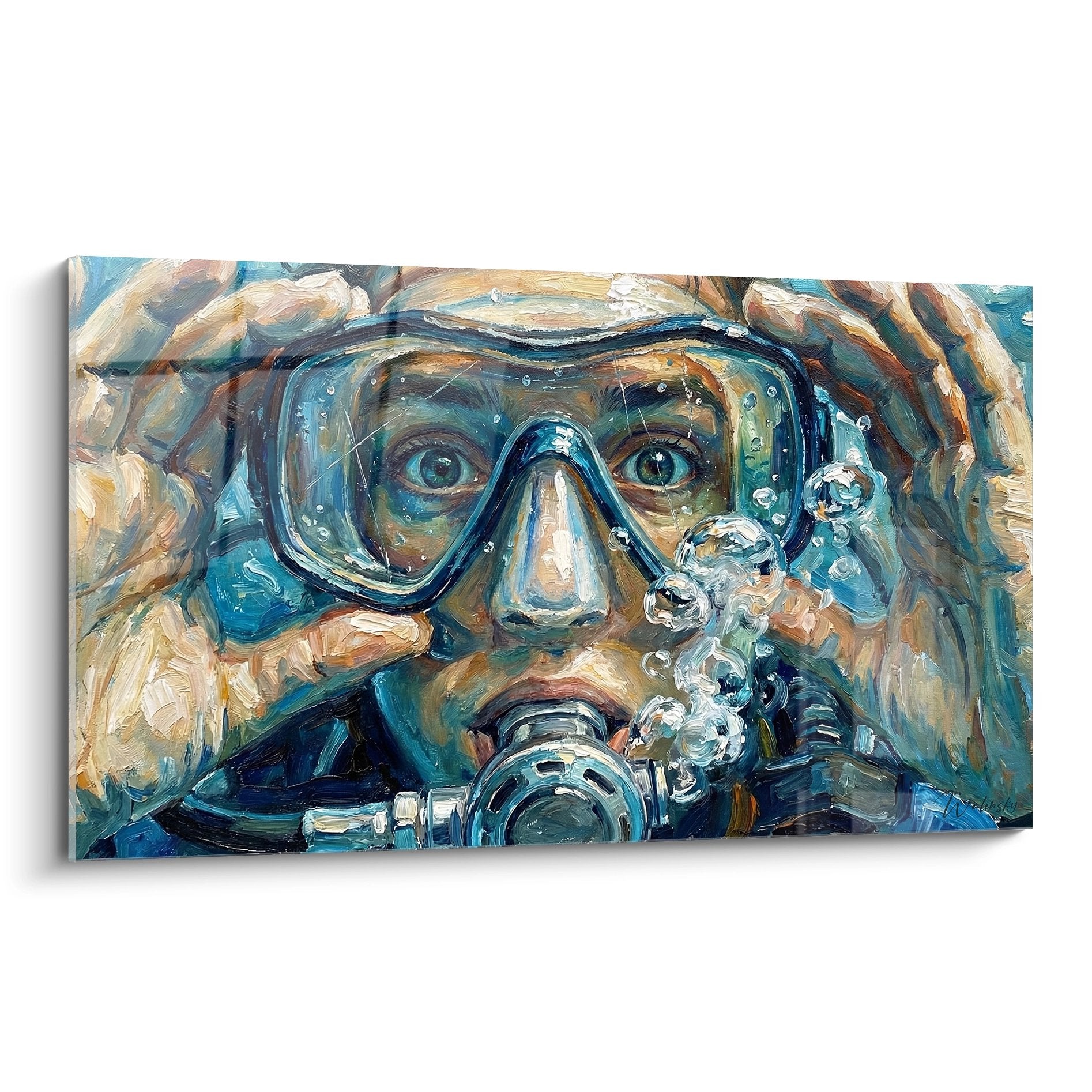 Tableau artistique representant un plongeur avec masque et detendeur dans style peinture oceanique