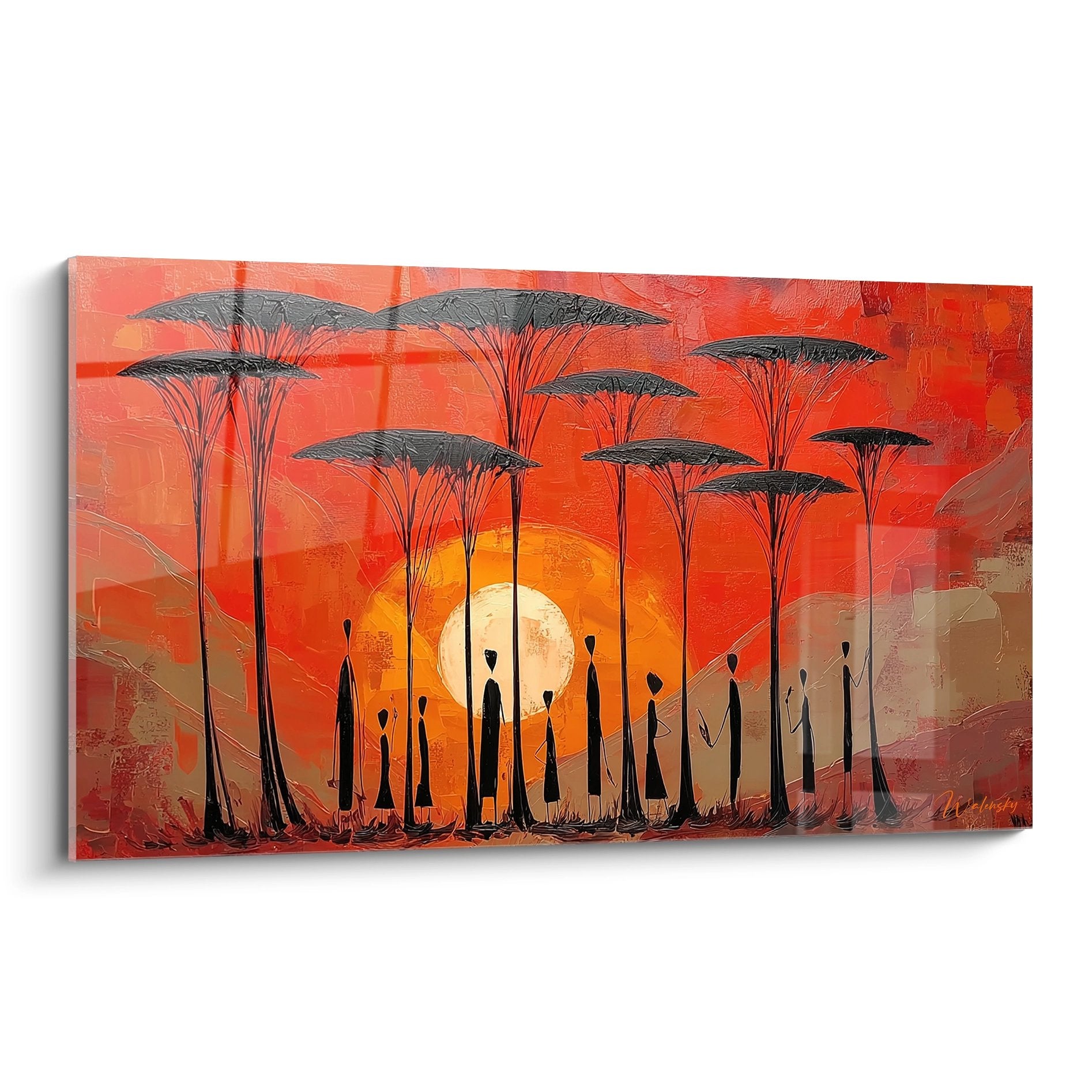 Quadro moderno che rappresenta un tramonto nella savana africana con sagome di acacie su sfondo rosso arancio