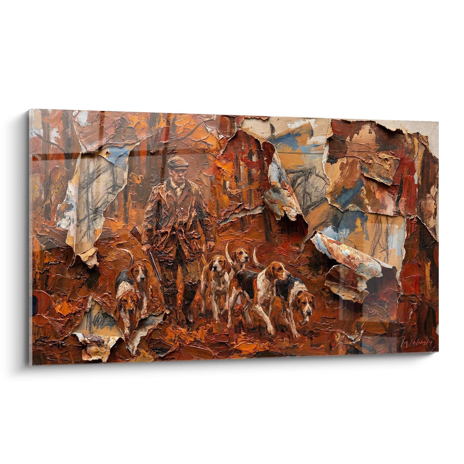 Tableau chasse à courre représentant chasseur avec meute de chiens dans forêt automnale, peinture empâtement