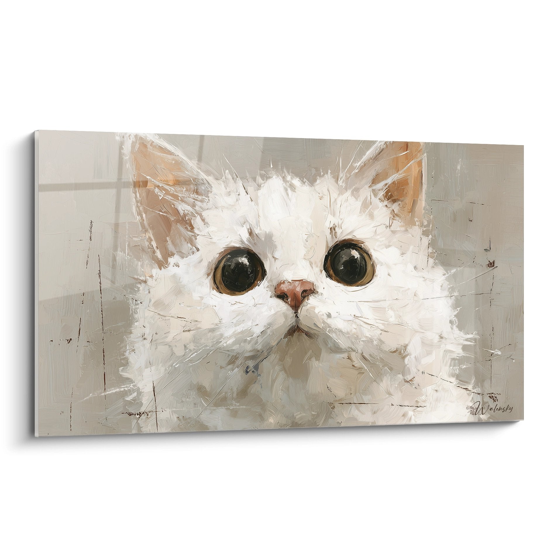 Tableau mural représentant un chat blanc American Bobtail aux grands yeux verts expressifs sur fond beige neutre