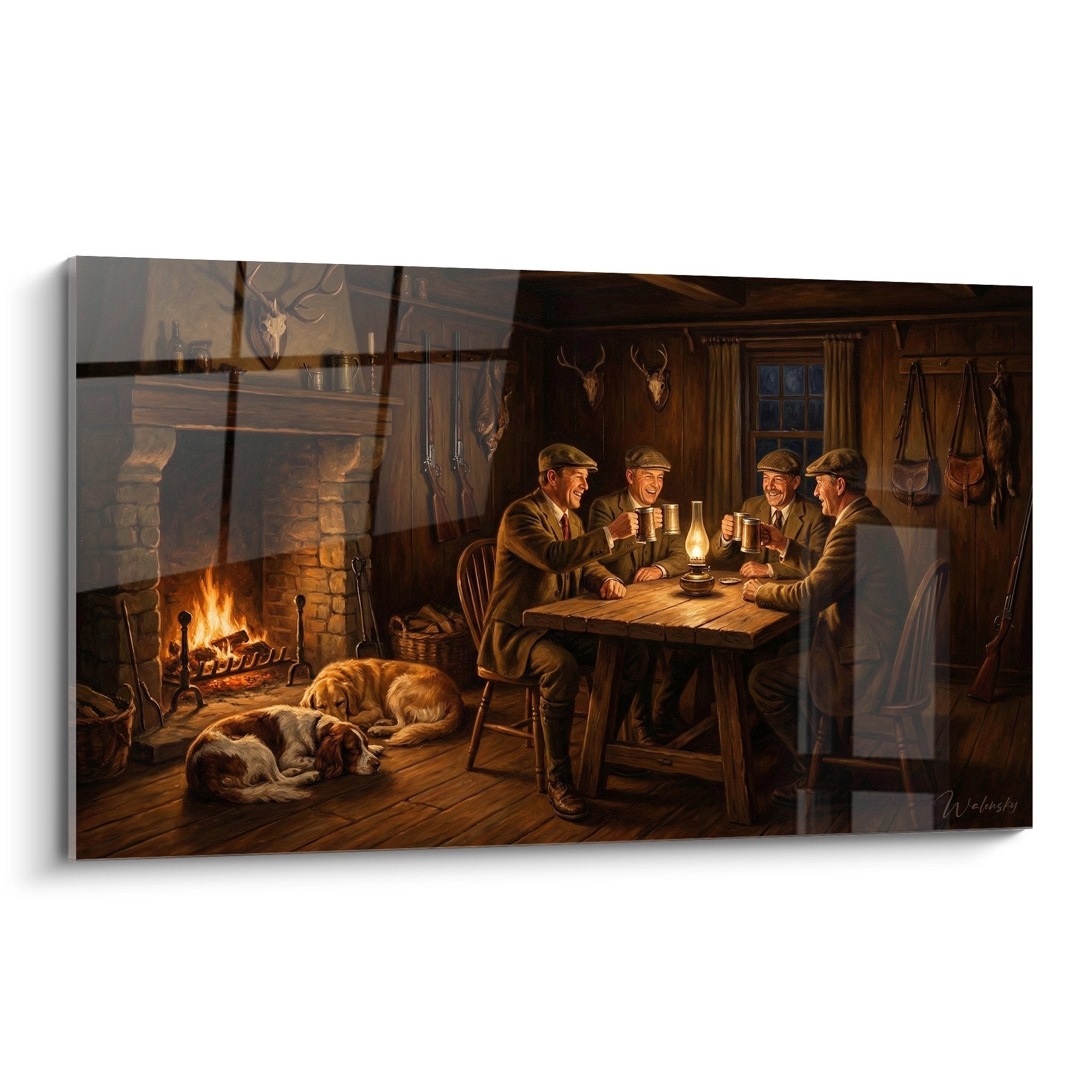 Tableau montrant quatre chasseurs trinquant autour d'une table dans une cabane avec cheminee et chiens de chasse