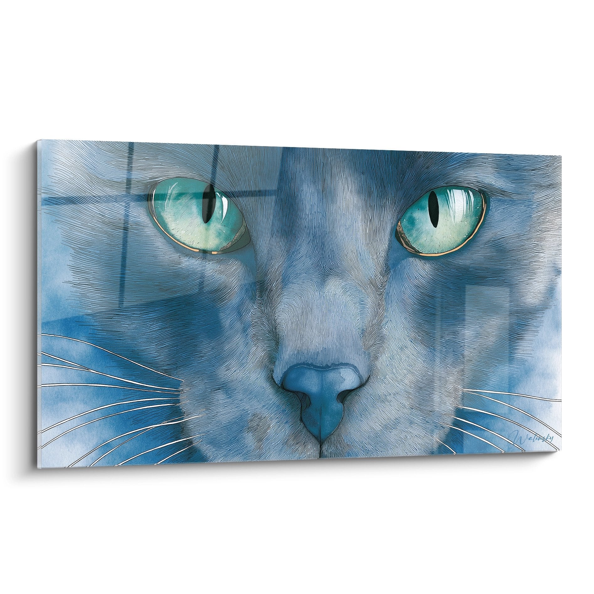 Tableau artistique representant le visage d'un chat bleu aux yeux turquoise, style Russian Blue, art mural decoration