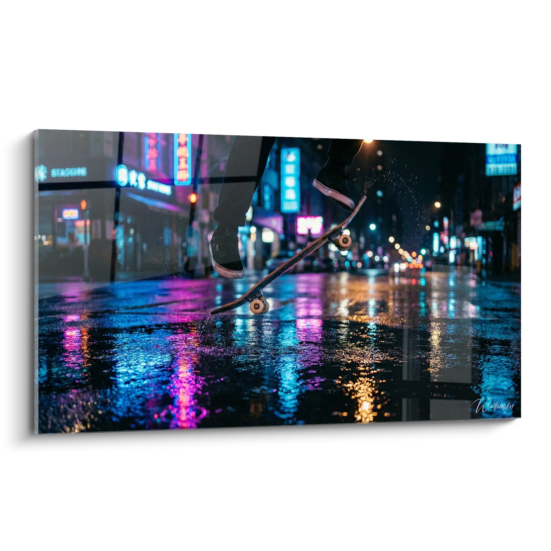 Tableau skateboard urbain nocturne avec reflets neon colorés sur asphalte mouillé, art street moderne