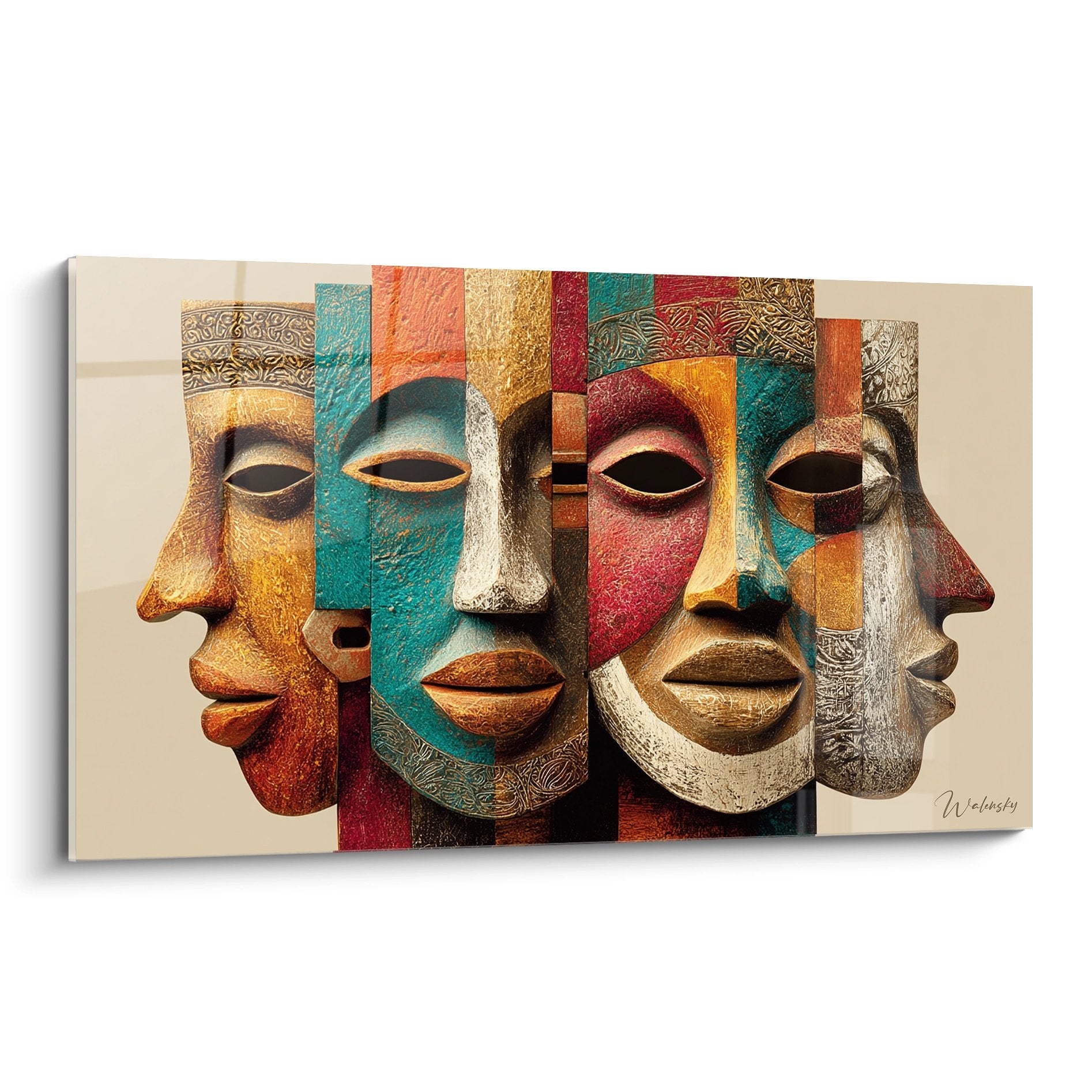 Quadro moderno che rappresenta maschere africane colorate in stile cubista con motivi geometrici