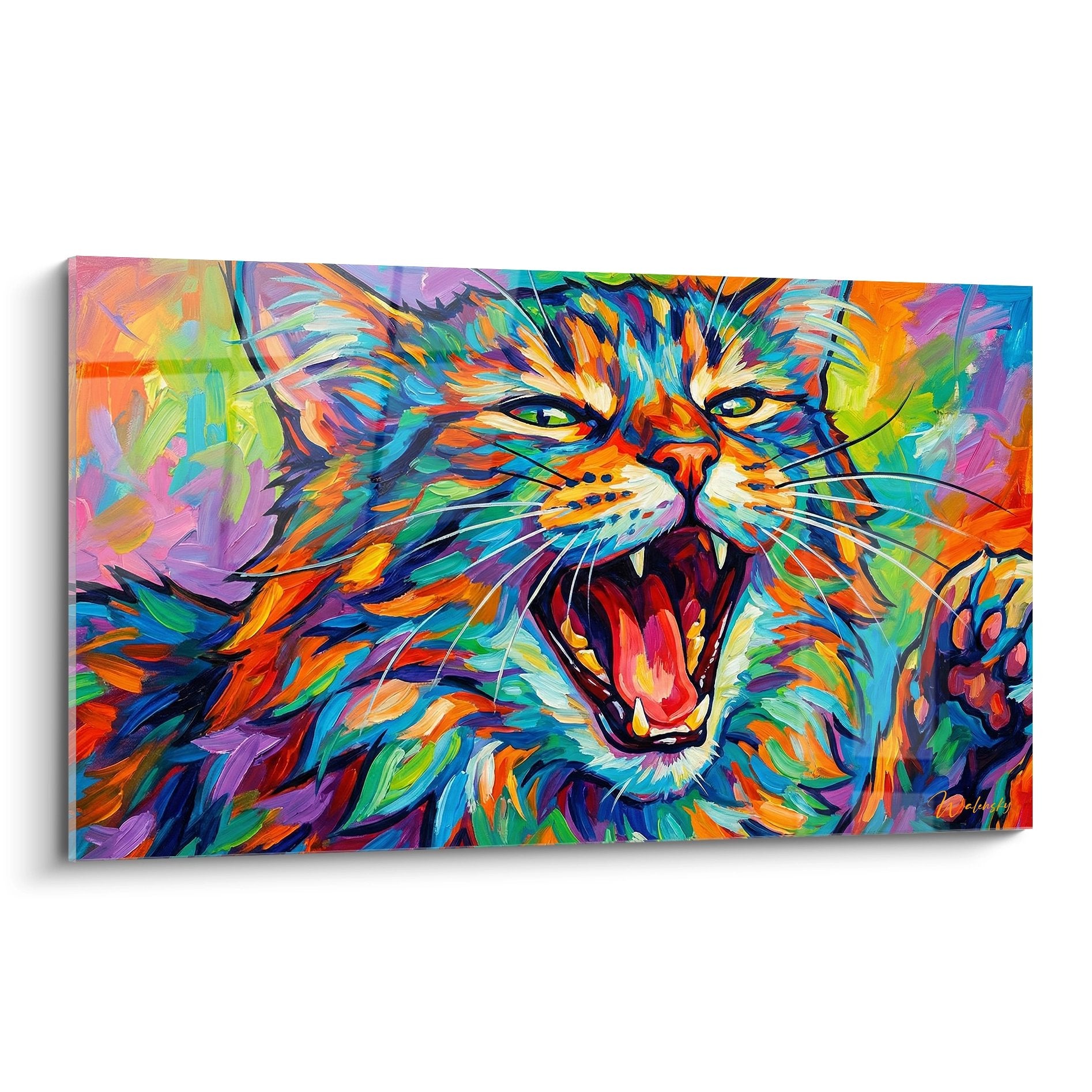 Kurilian Bobtail cat wall art multicolored roaring vibrant orange blue purple colors
