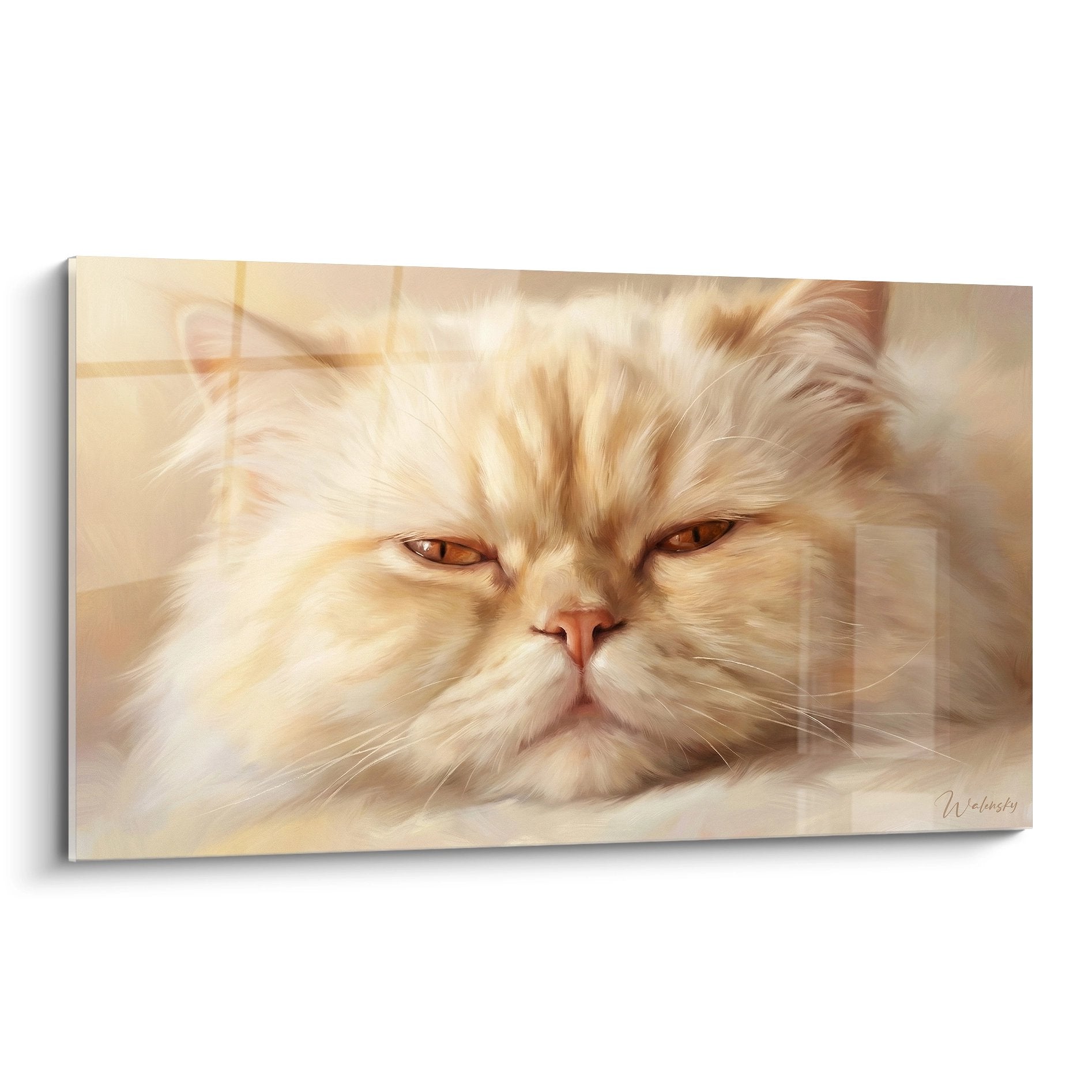 Tableau artistique d'un chat Persan endormi aux tons dorés, pelage soyeux, expression paisible