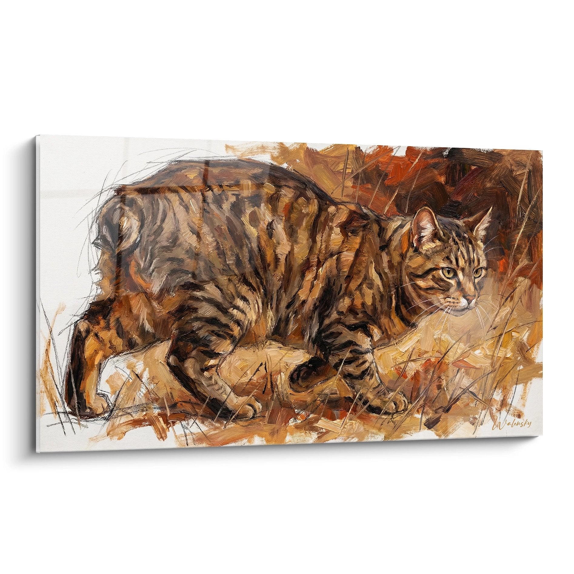 Quadro pittura gatto tigre in agguato autunno toni caldi ocra marrone decorazione murale felina artistica