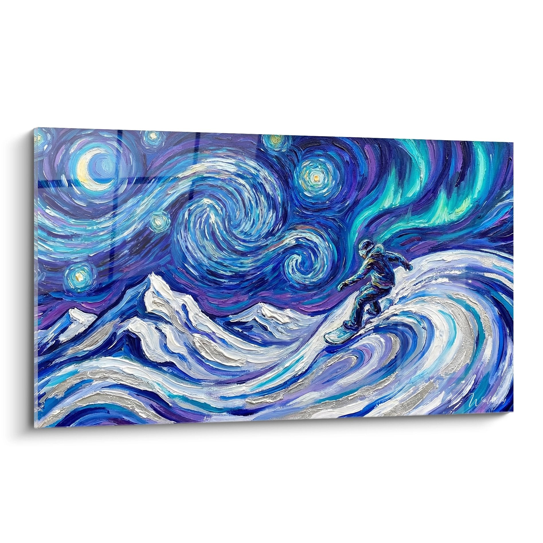 Tableau snowboardeur style Van Gogh avec ciel etoile tourbillonnant et vagues de neige bleues et blanches