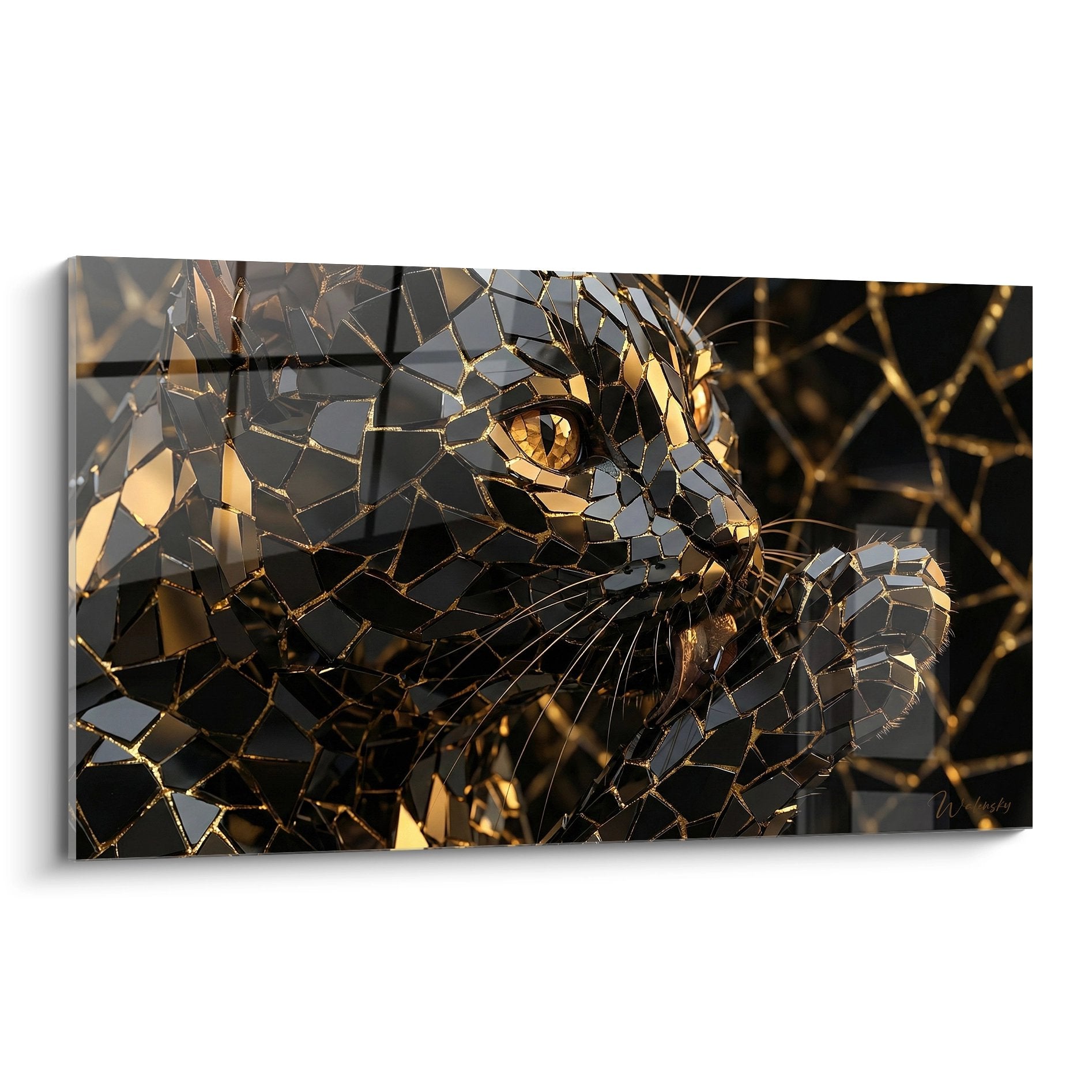 Tableau moderne de chat en mosaique doree avec effets geometriques et reflets metalliques lumineux