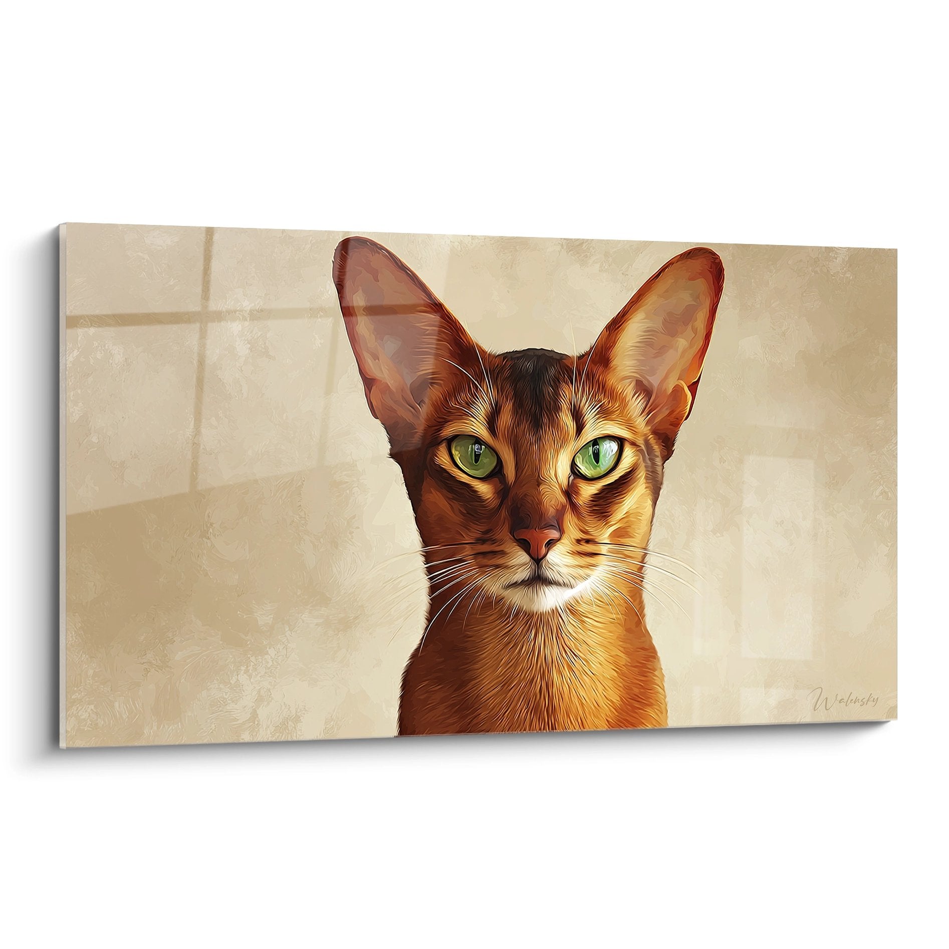 Artistic portrait of an Abyssinian cat with green eyes on wall art, detailed copper-red fur
