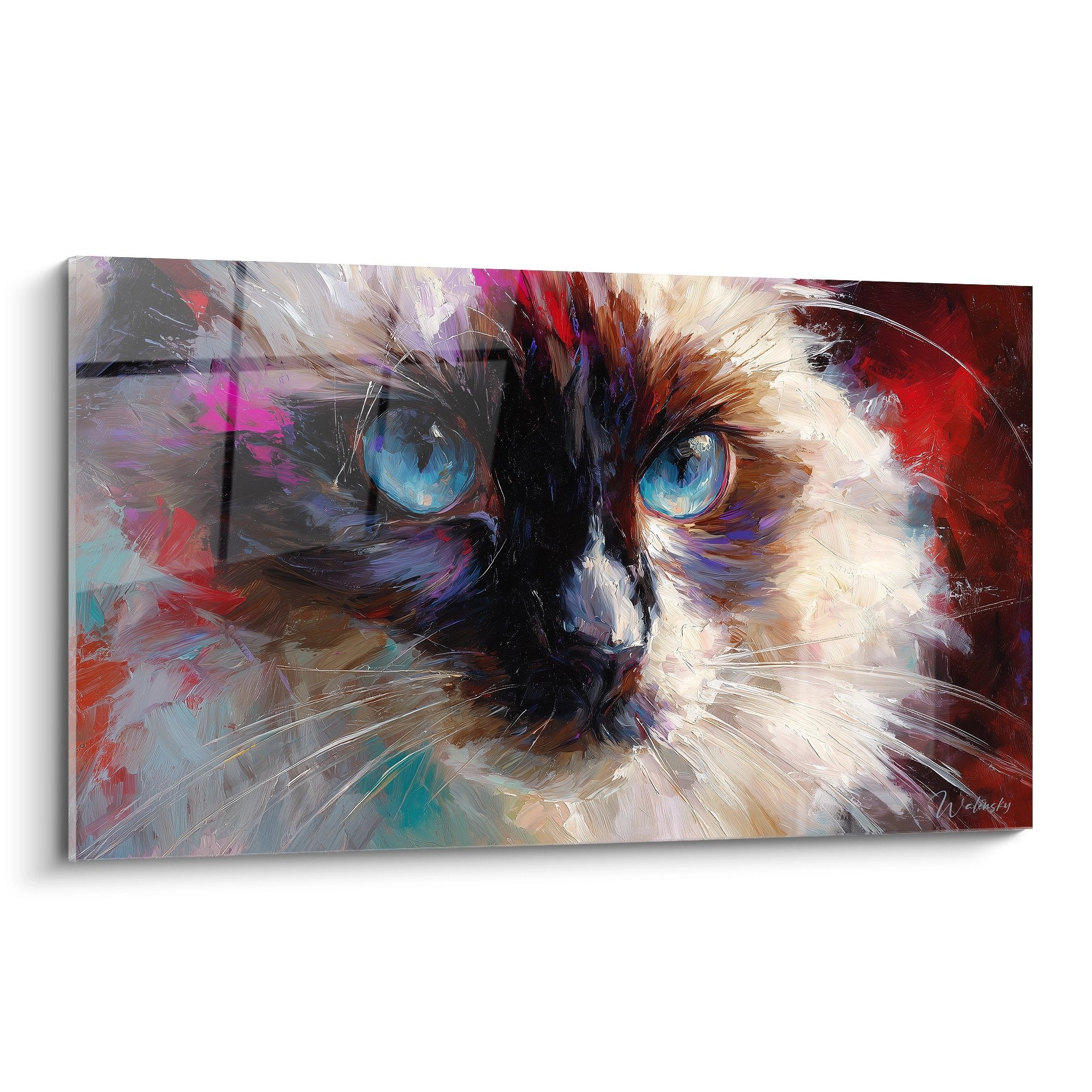 Quadro moderno di un gatto Birmano con occhi blu e tecnica di pittura espressionista colorata