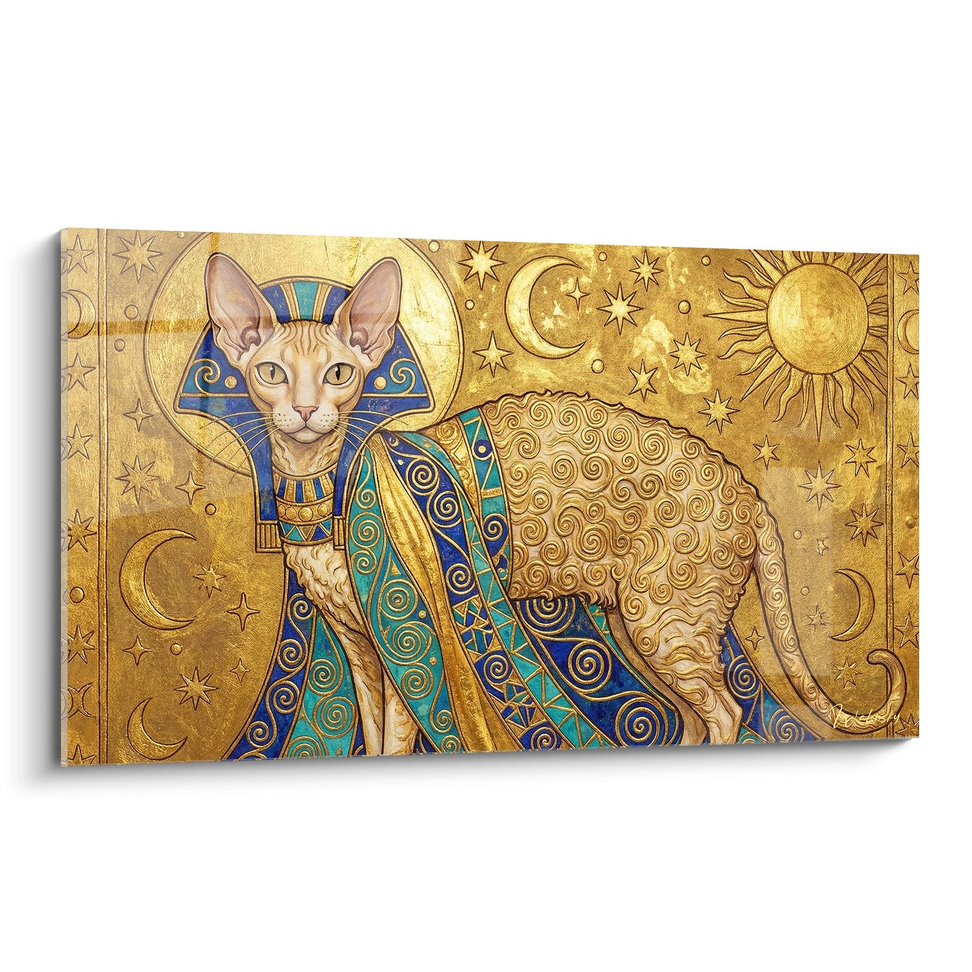Tableau decoratif chat Cornish Rex en pharaon egyptien avec coiffe doree et motifs cosmiques