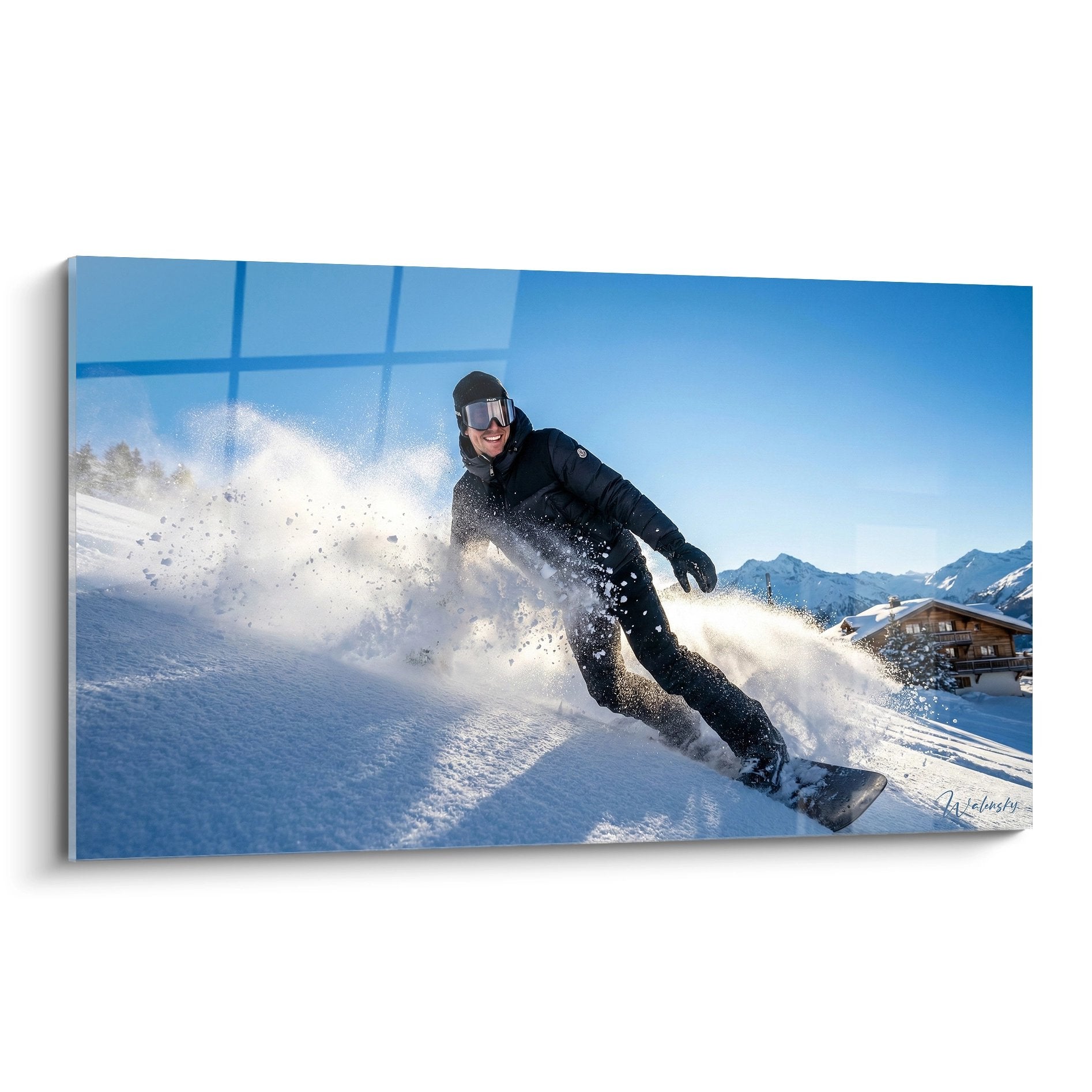 Snowboardeur en action dans poudreuse alpine avec explosion de neige et montagnes en arrière-plan