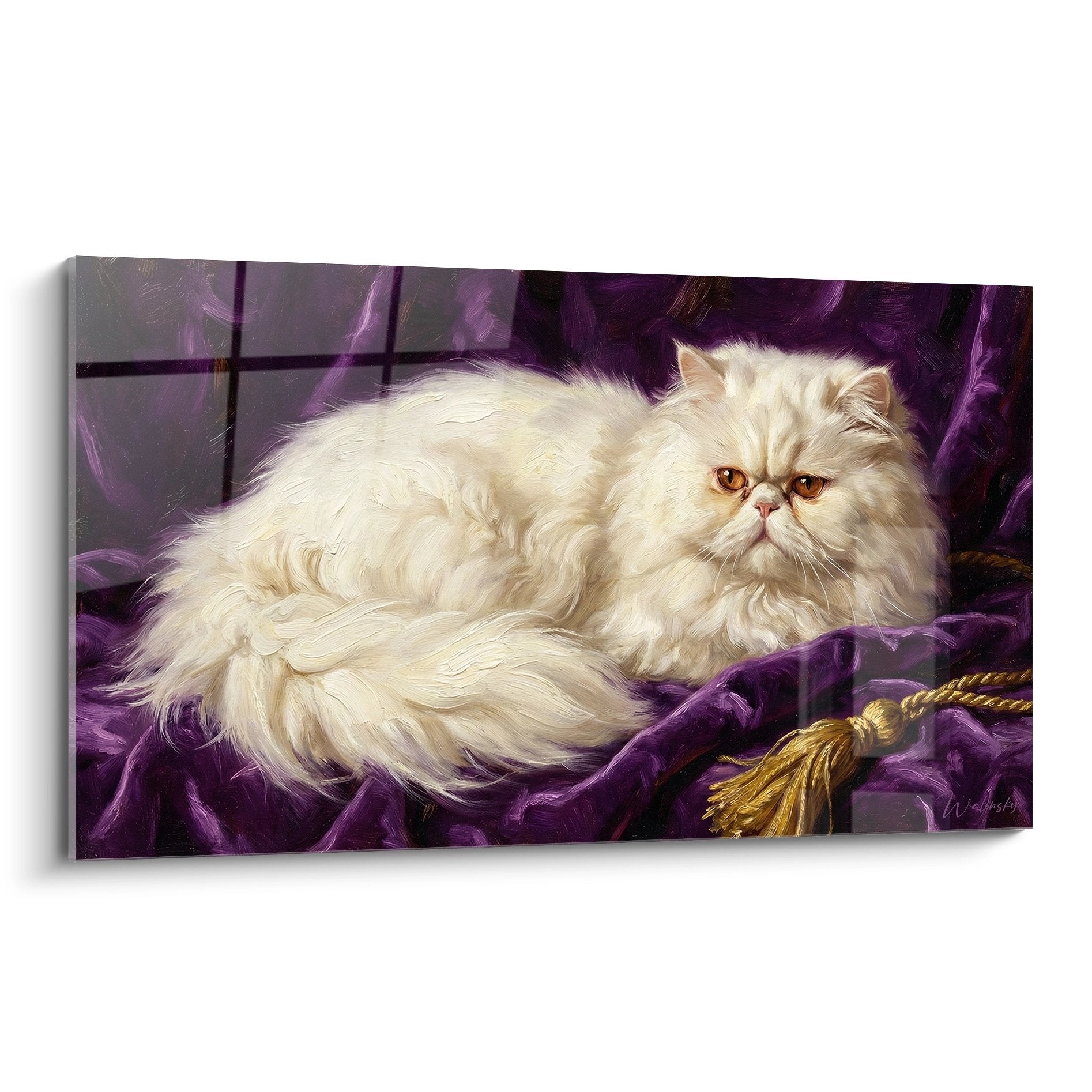 Quadro pittura gatto Persiano bianco con occhi dorati sdraiato su cuscino in velluto viola con pompon dorati