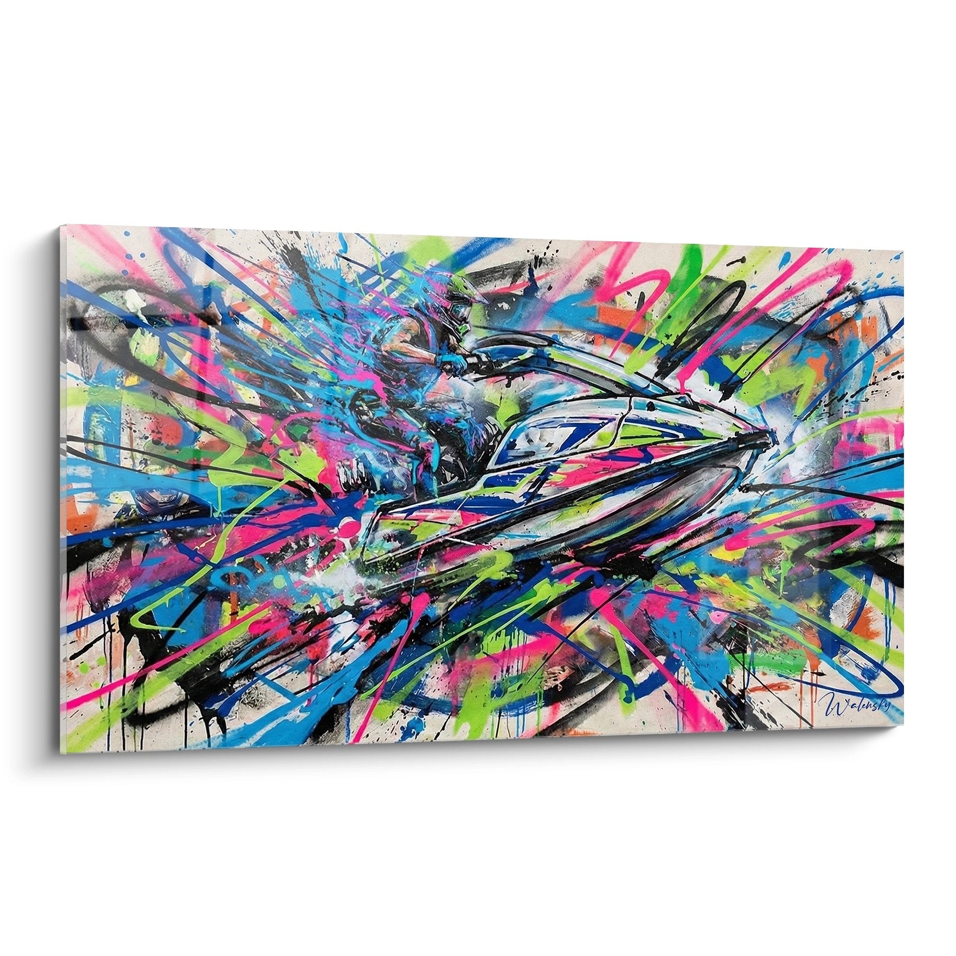 Tableau jetski abstrait moderne aux couleurs vives rose vert bleu style graffiti art contemporain