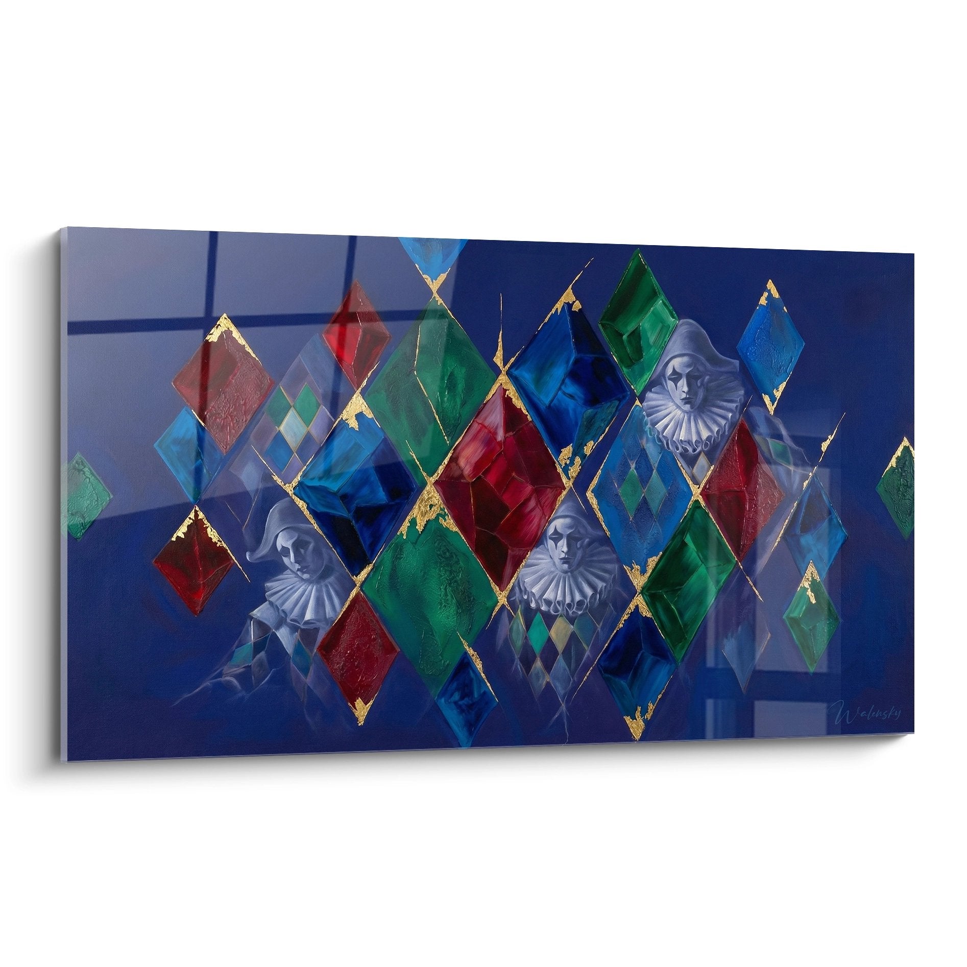 Tableau moderne arlequin avec losanges colorés et masques de Pierrot sur fond bleu - art cirque géométrique