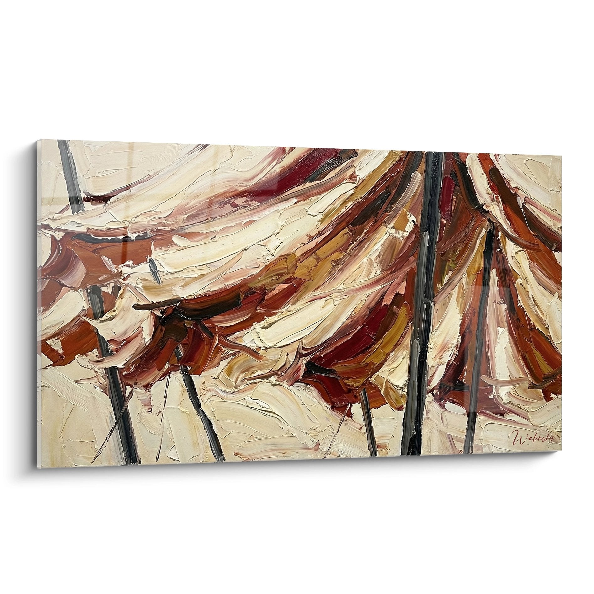 Tableau abstrait représentant un chapiteau de cirque en mouvement avec toiles ocres et poteaux noirs