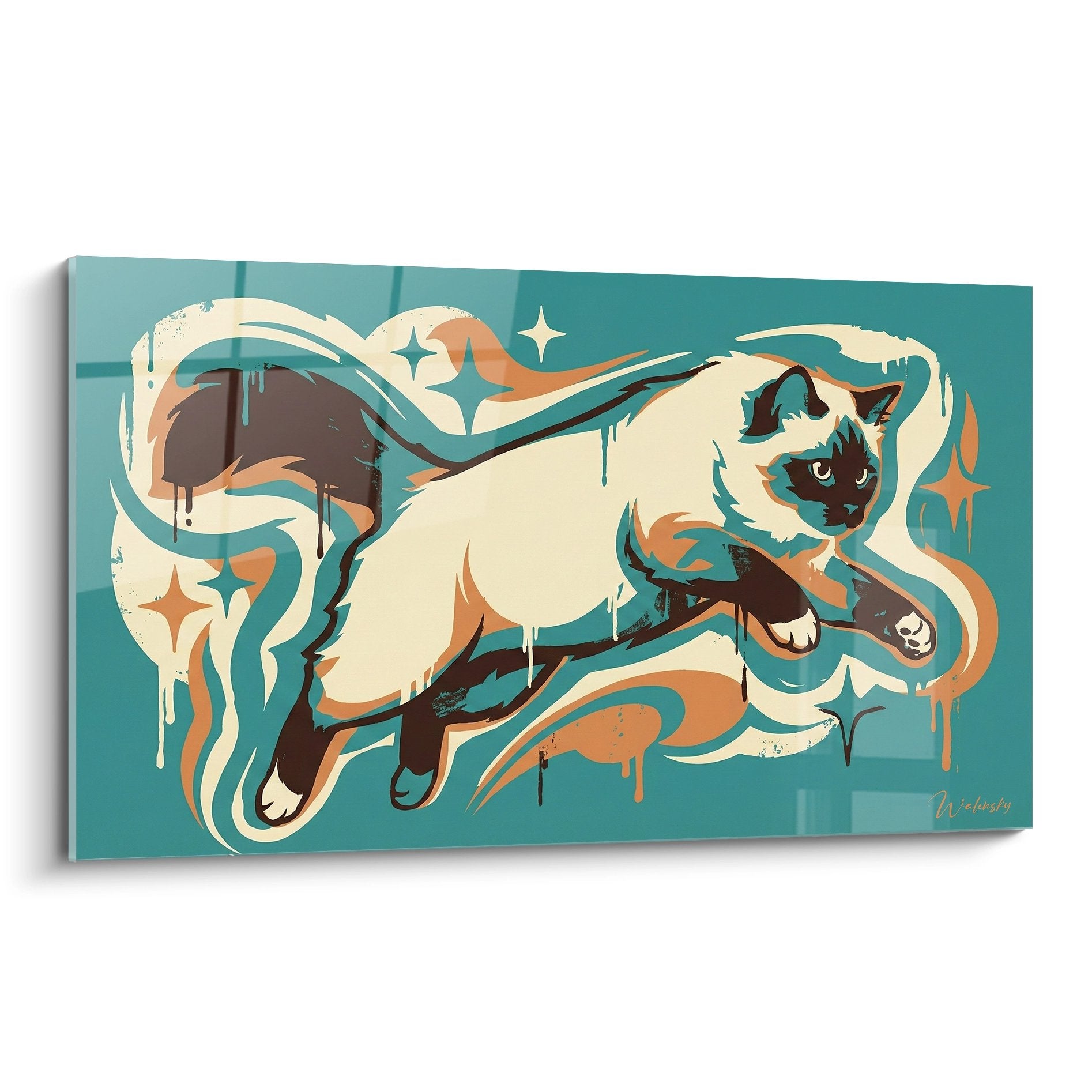 Quadro moderno gatto birmano circondato da fluidi turchese su sfondo teal con stelle decorazione murale contemporanea