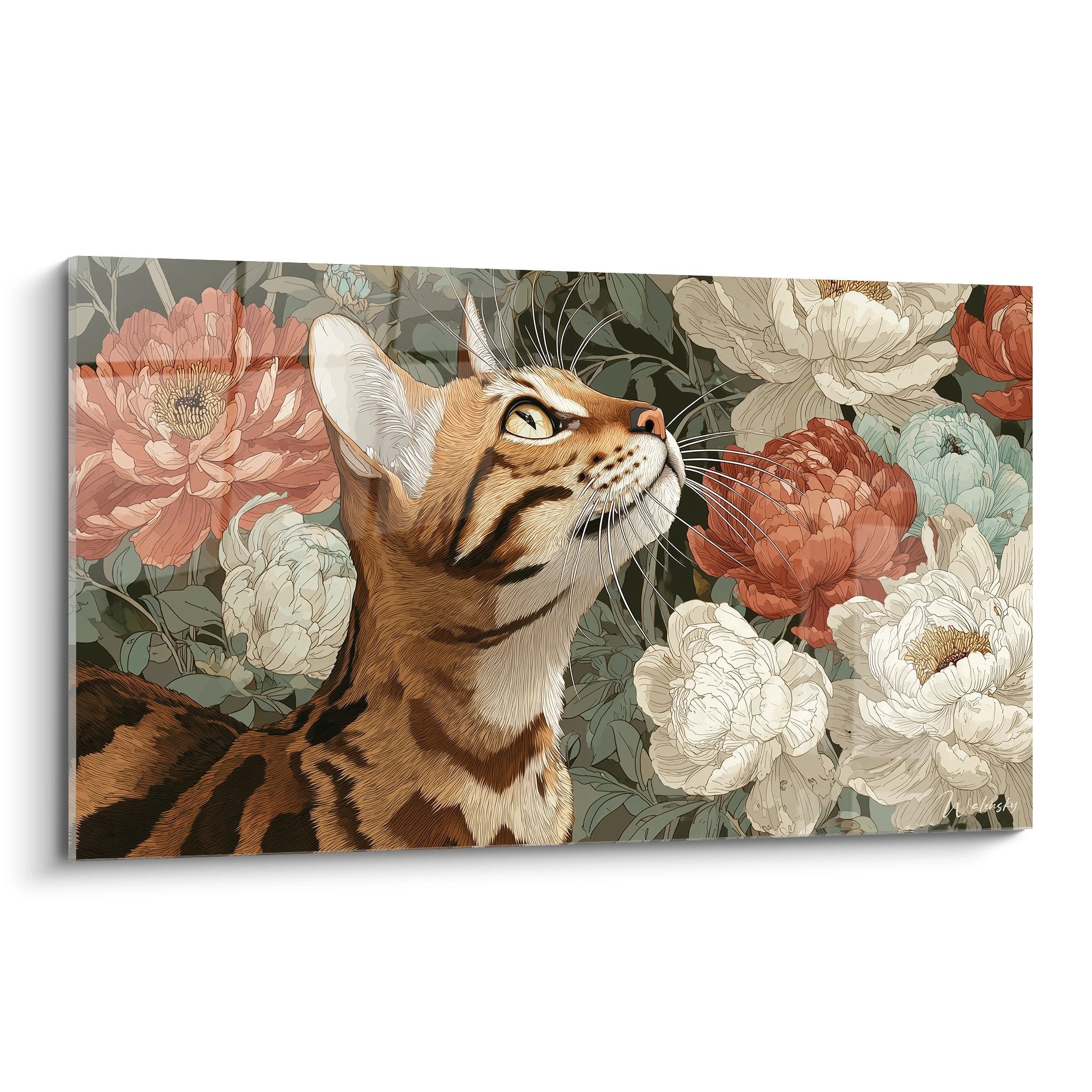 Tableau decoratif chat Toyger raye regardant vers le haut entoure de pivoines roses et blanches sur fond vert