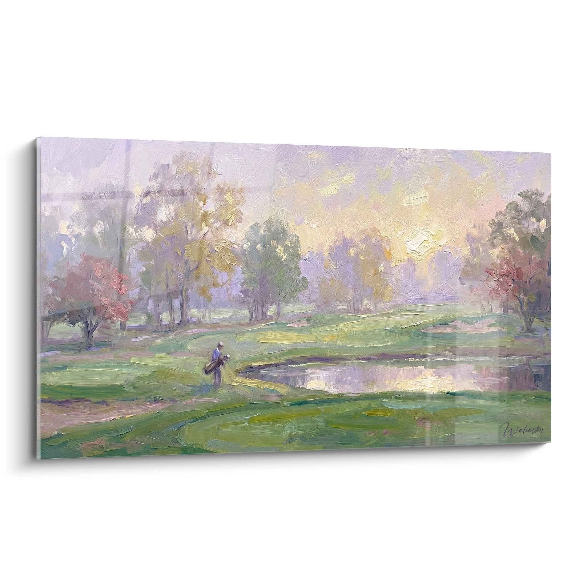 Tableau impressionniste parcours de golf matinal avec golfeur, arbres automne et cours d'eau paisible tons violets