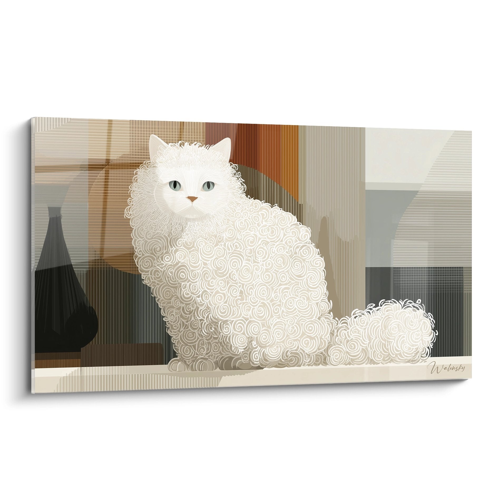 Tableau moderne représentant un chat Selkirk Rex blanc aux boucles frisées sur fond géométrique contemporain