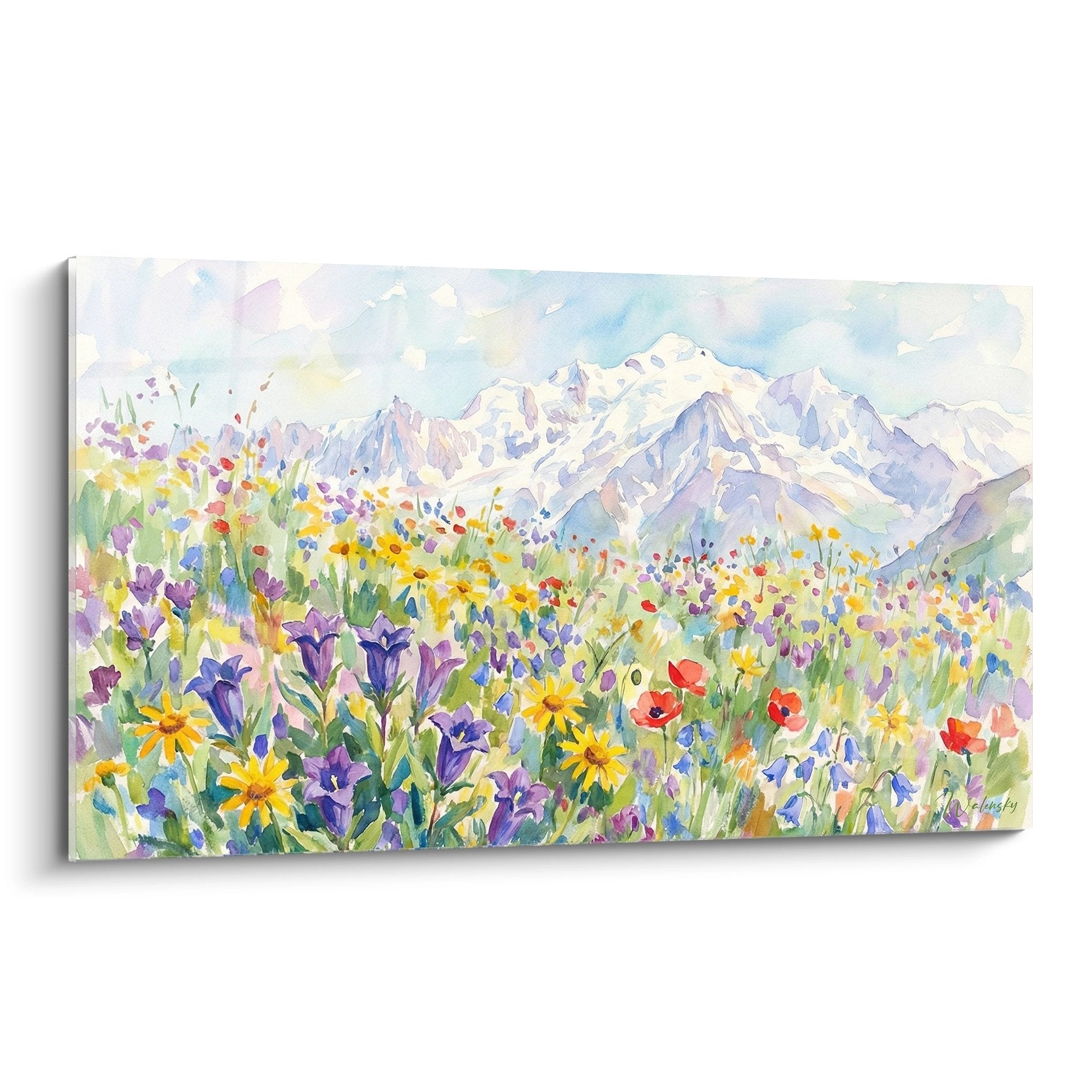 Quadro acquerello prato alpino fiori selvatici lupini margherite papaveri montagne innevate