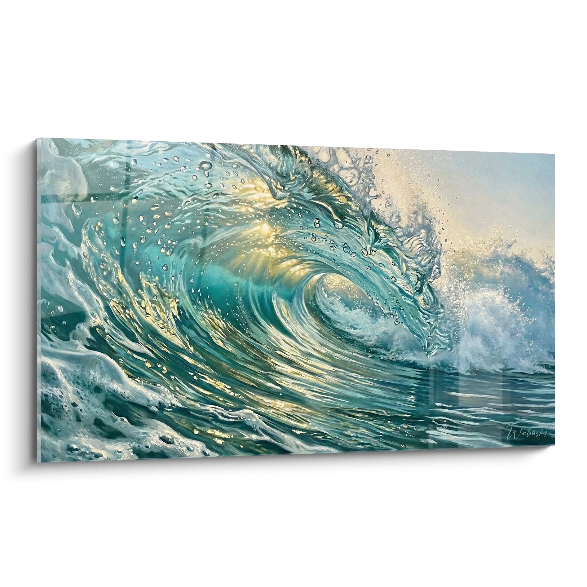 Golden wave painting with turquoise reflections and white foam, surf wall art for modern home decor
