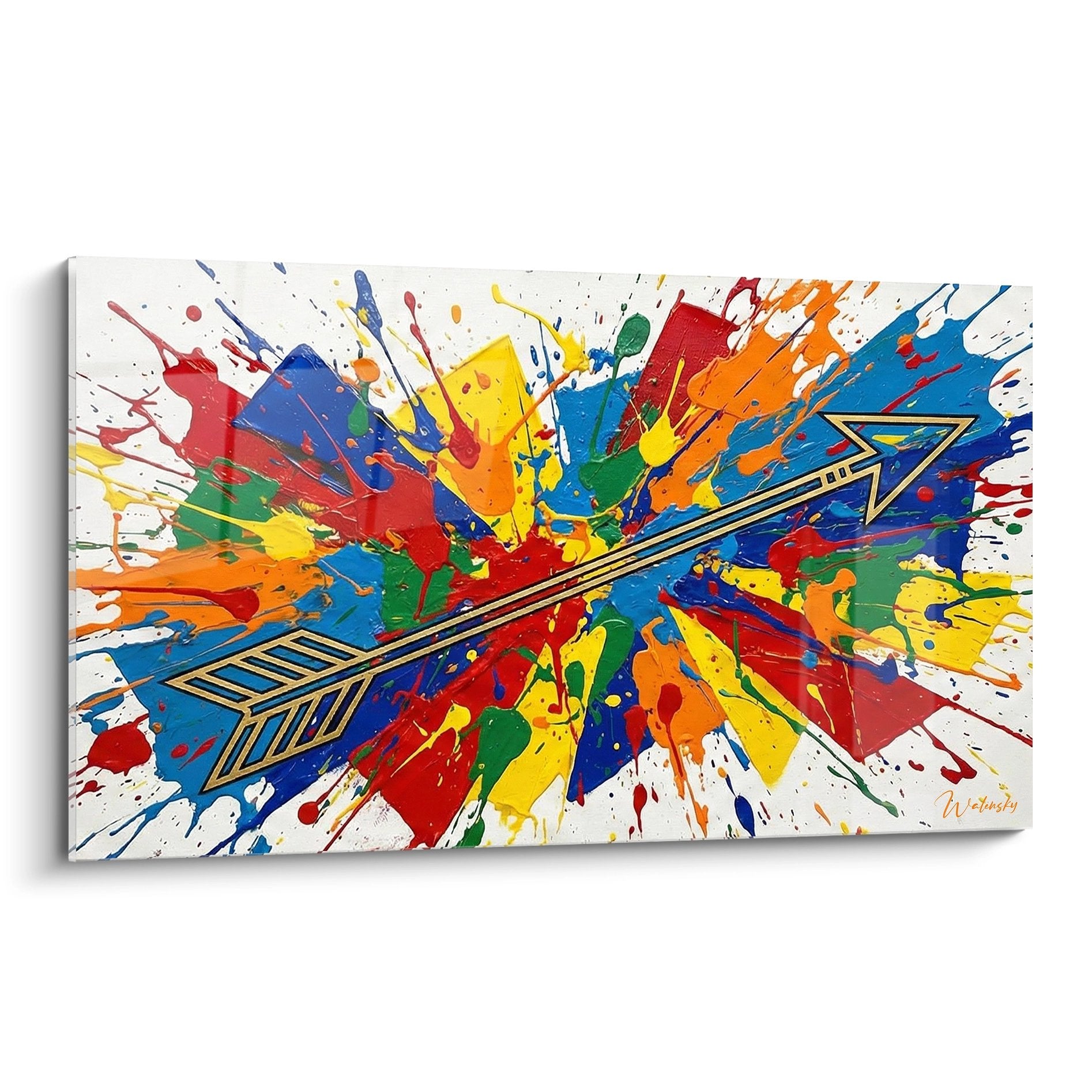 Modern wall art with golden arrow and vibrant color explosion for archery decoration