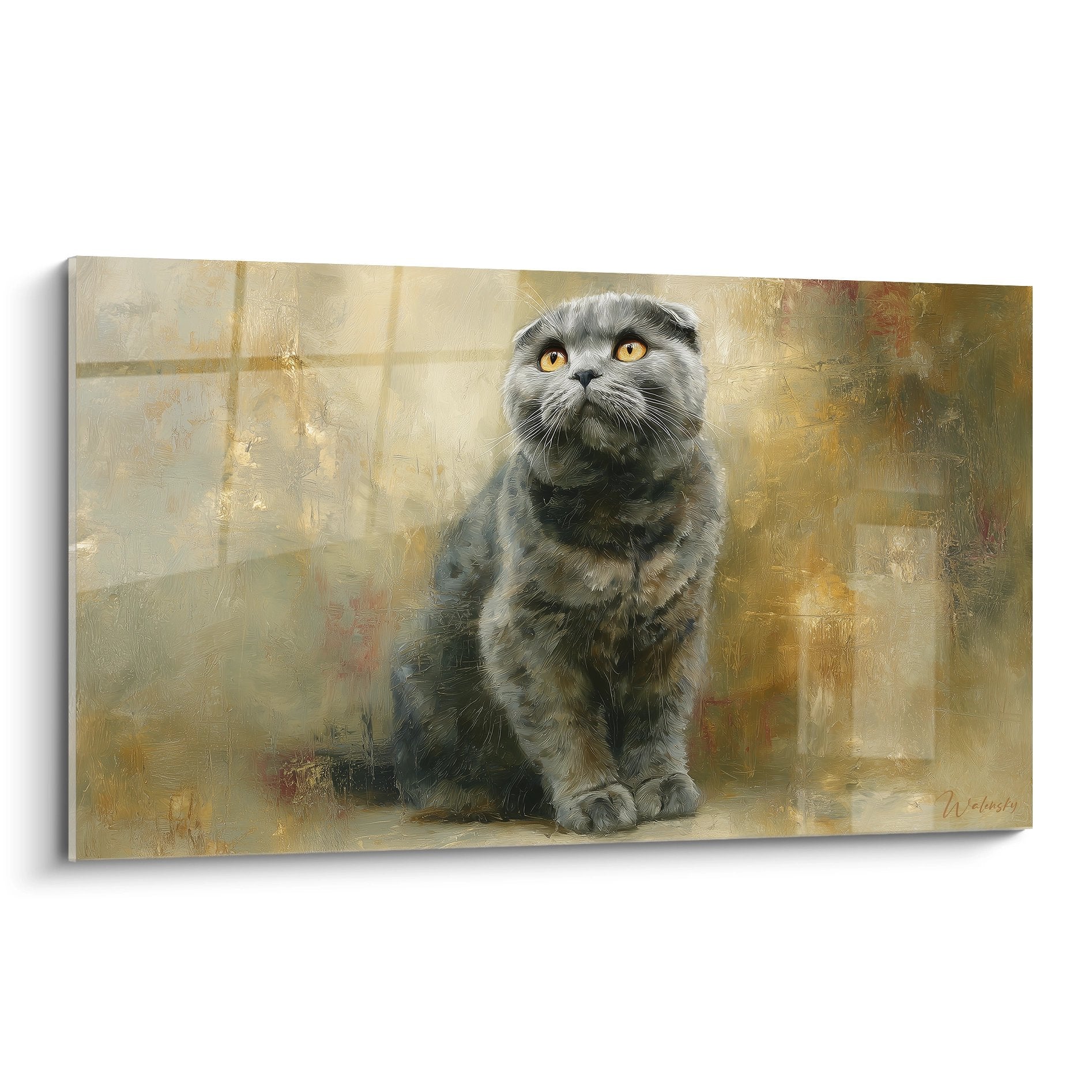 Artistic painting of gray Scottish Fold cat with golden eyes in contemporary painting style on canvas