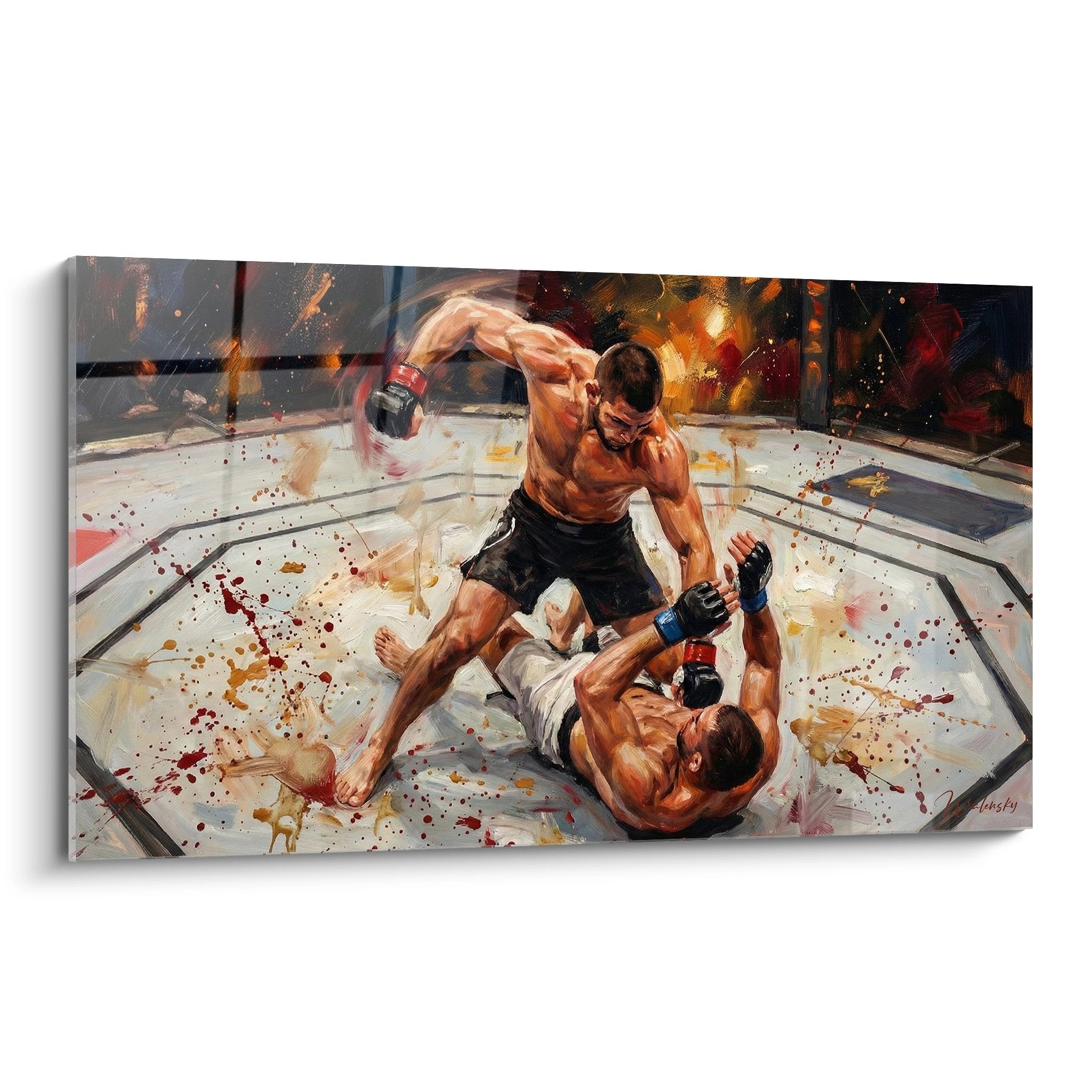 Tableau MMA montrant un combat au sol avec technique de ground and pound dans l'octogone, art martial moderne