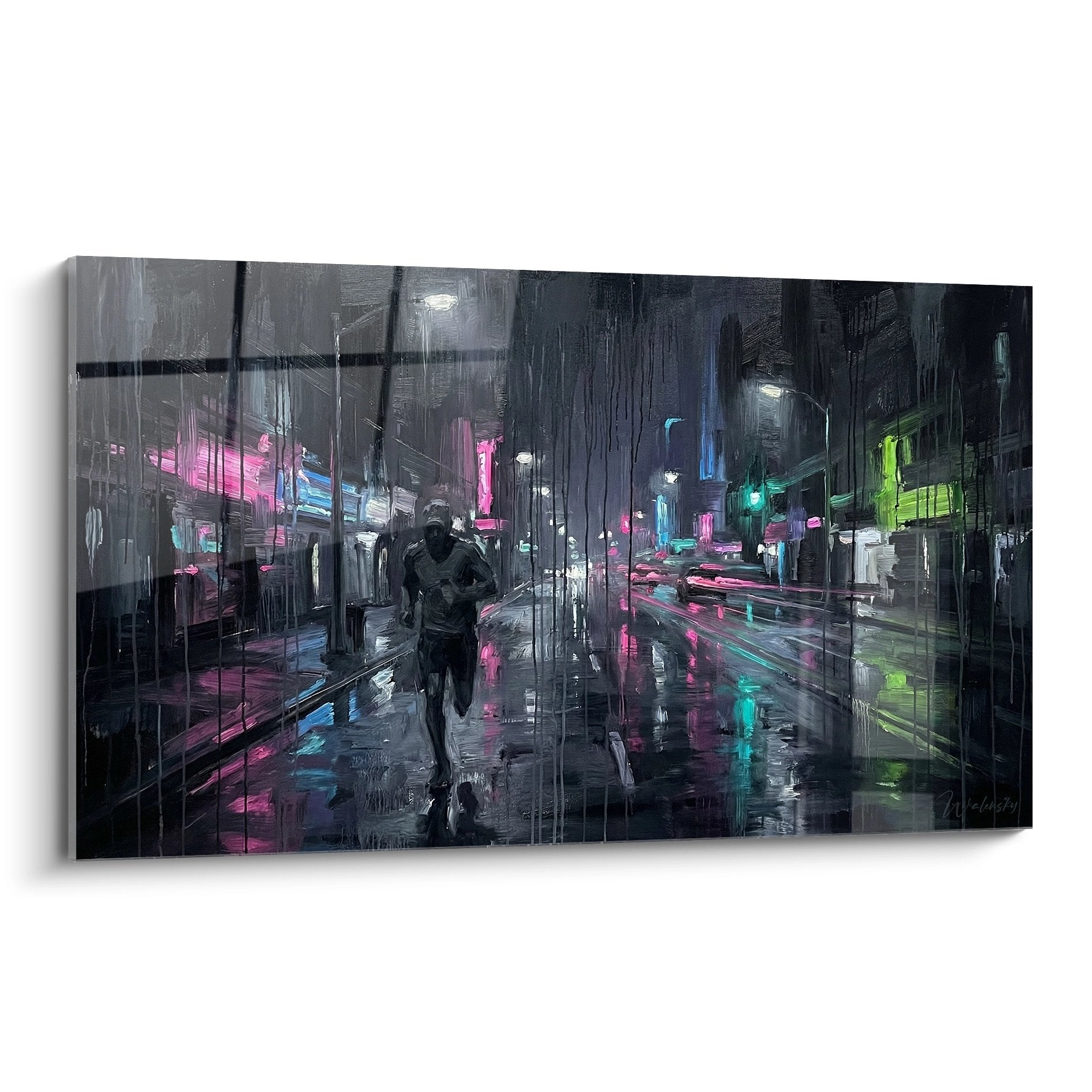 Tableau artistique représentant un coureur sous la pluie dans une rue urbaine nocturne aux néons colorés