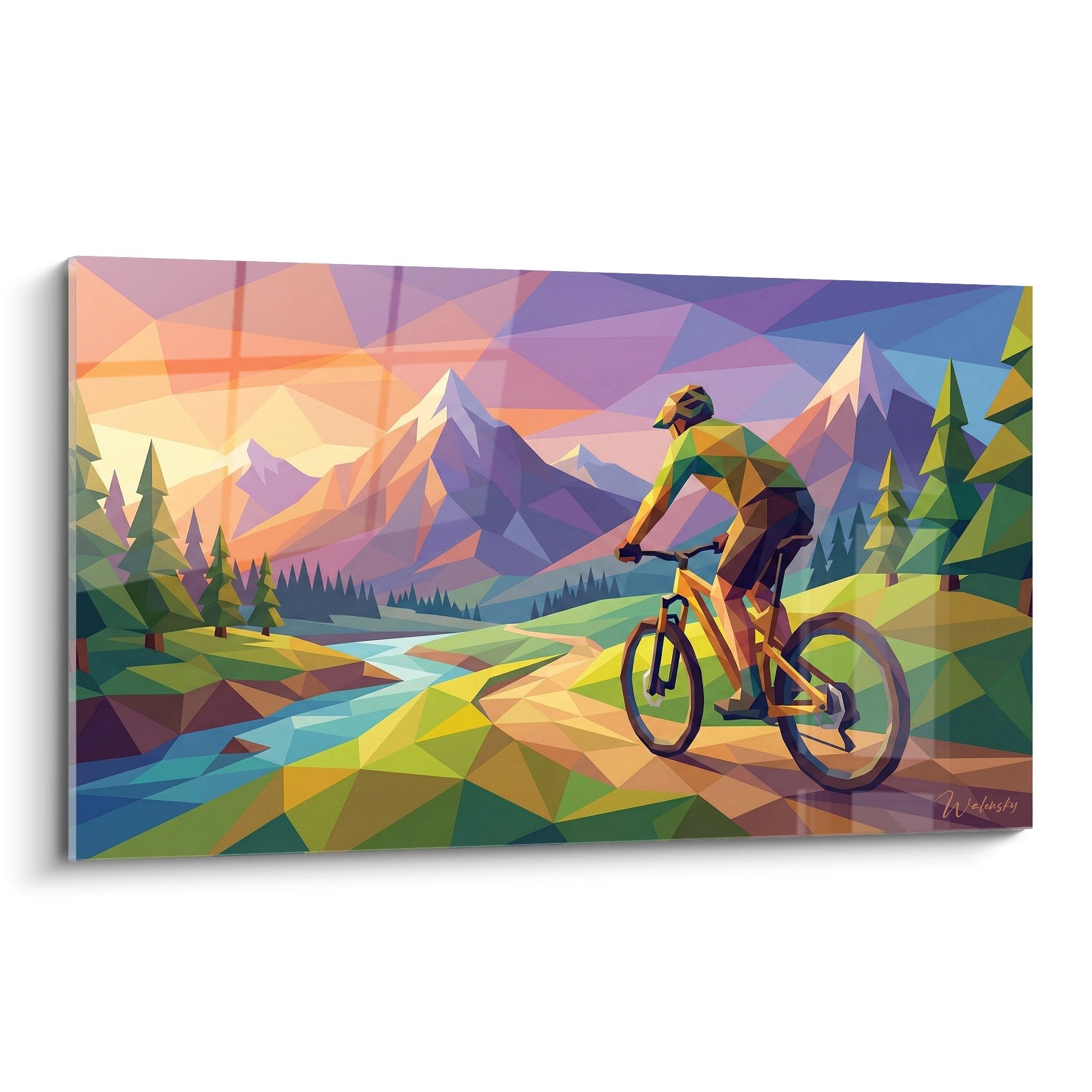 Geometric mountain bike artwork featuring cyclist on mountain trail with colorful polygonal landscape