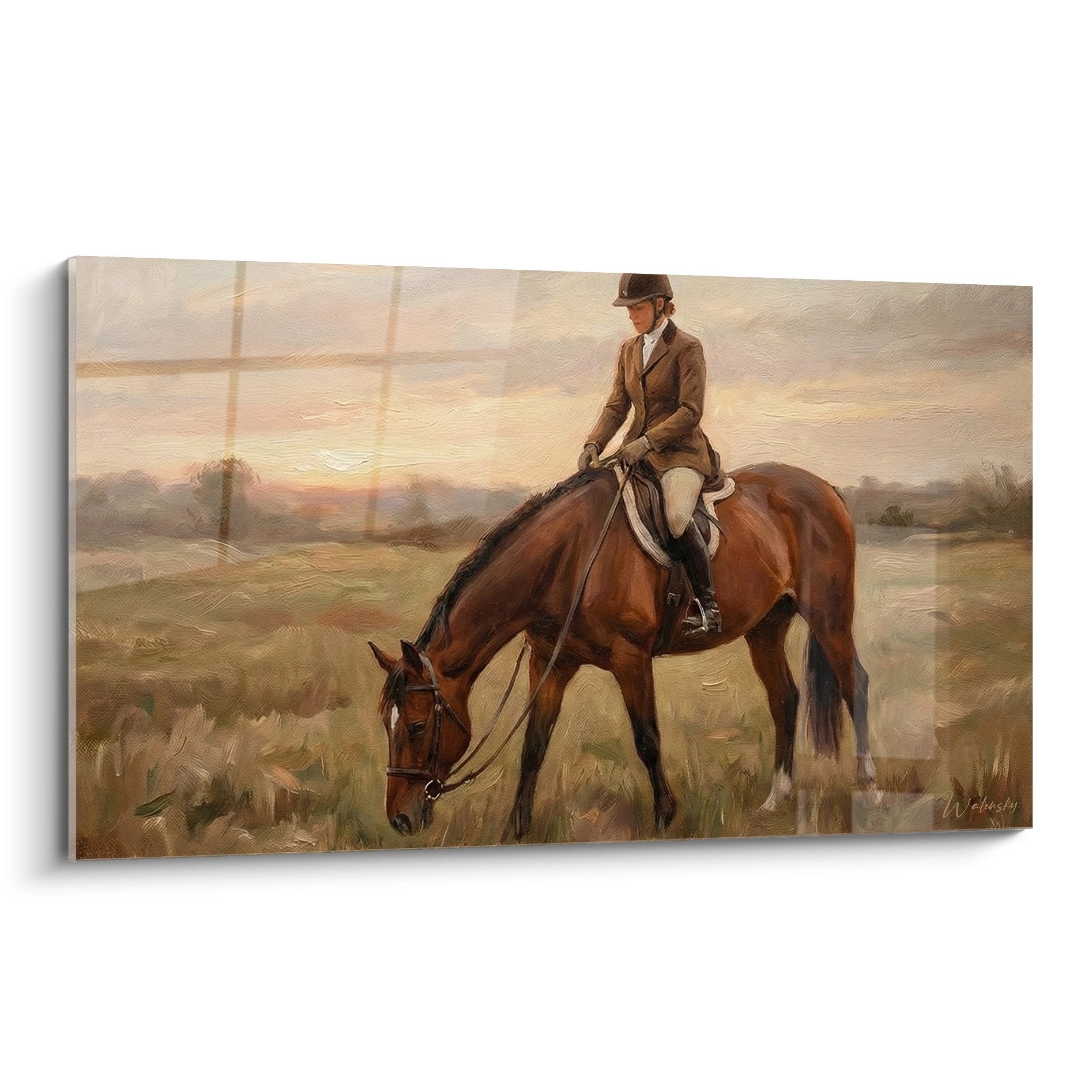 Tableau mural cavalière en tenue d'équitation sur cheval alezan au coucher de soleil dans paysage pastoral