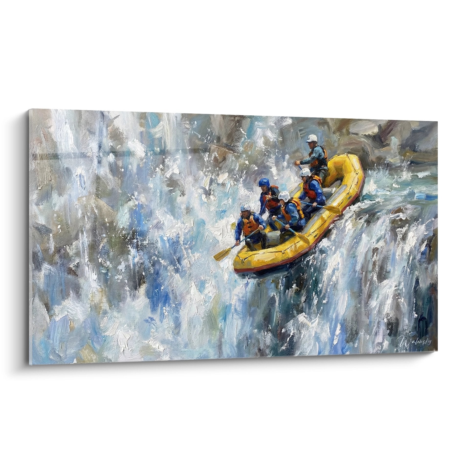 Painting of rafting team descending white water rapids in yellow raft adventure extreme sport